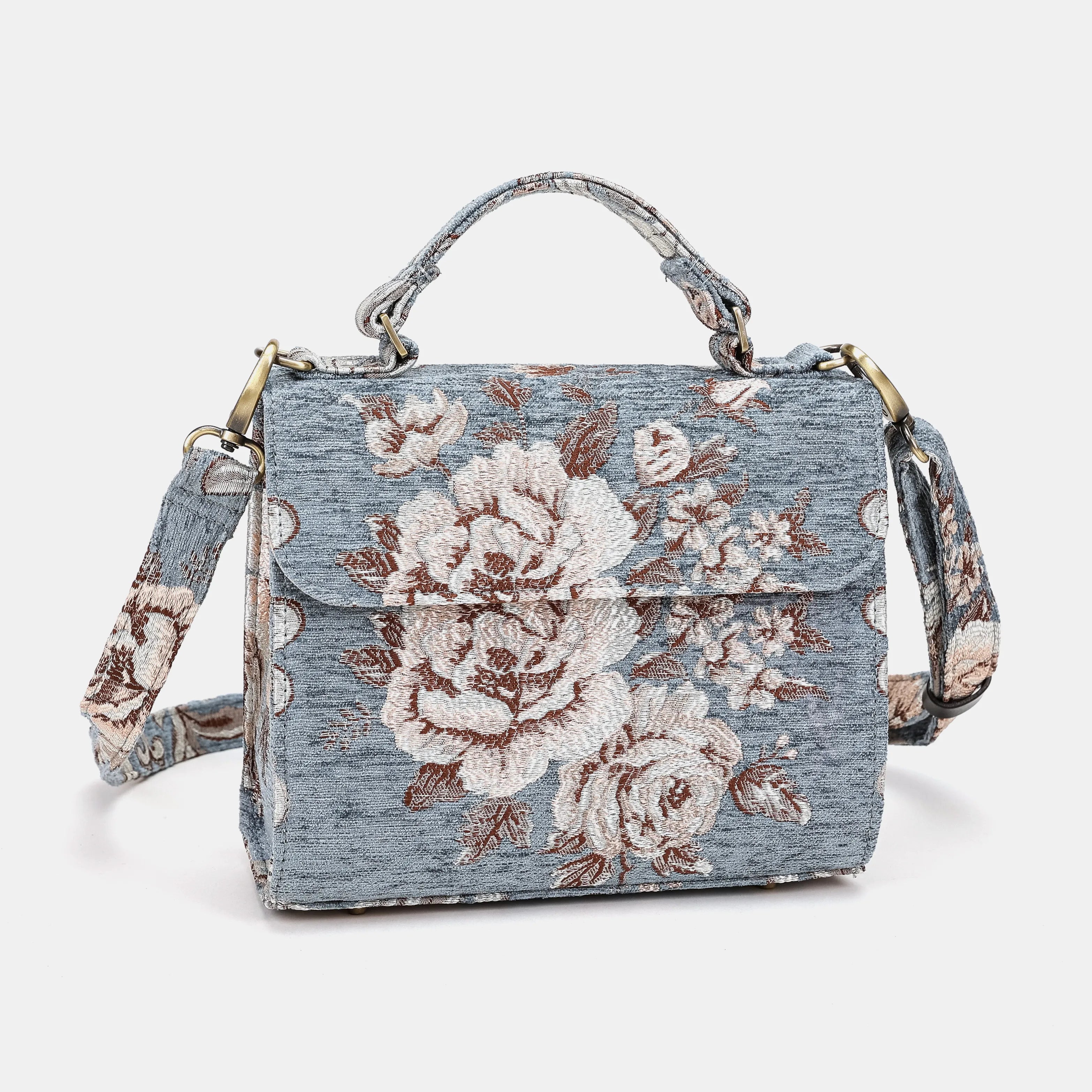 Floral Windy Blue Flap Satchel Carpetbag of America front