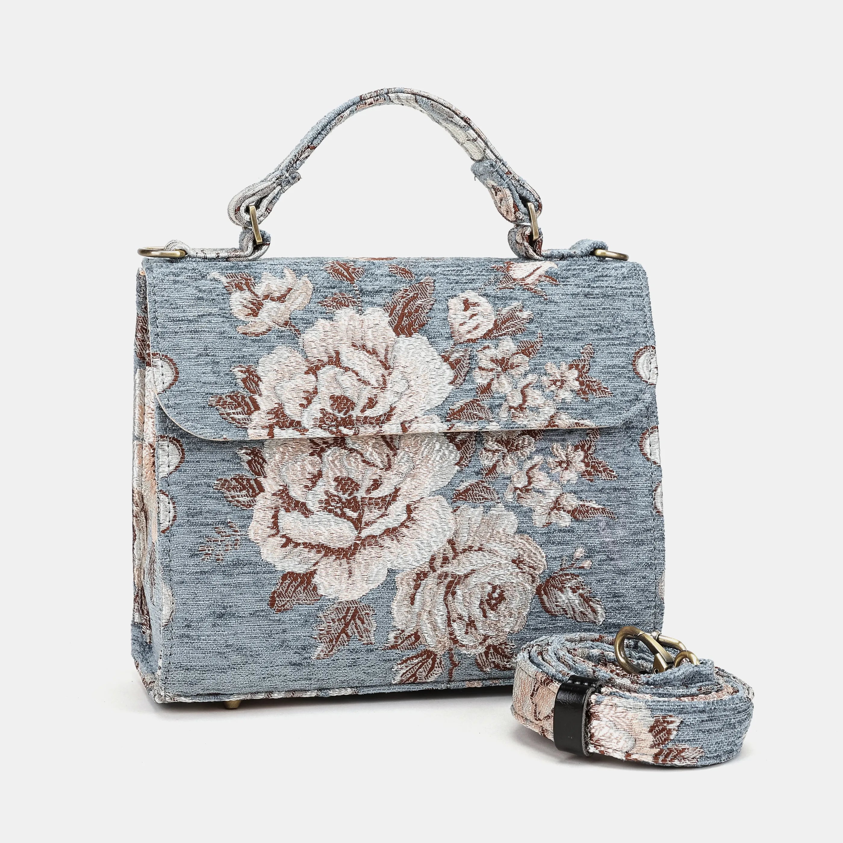 Floral Windy Blue Flap Satchel Carpetbag of America with shoulder strap