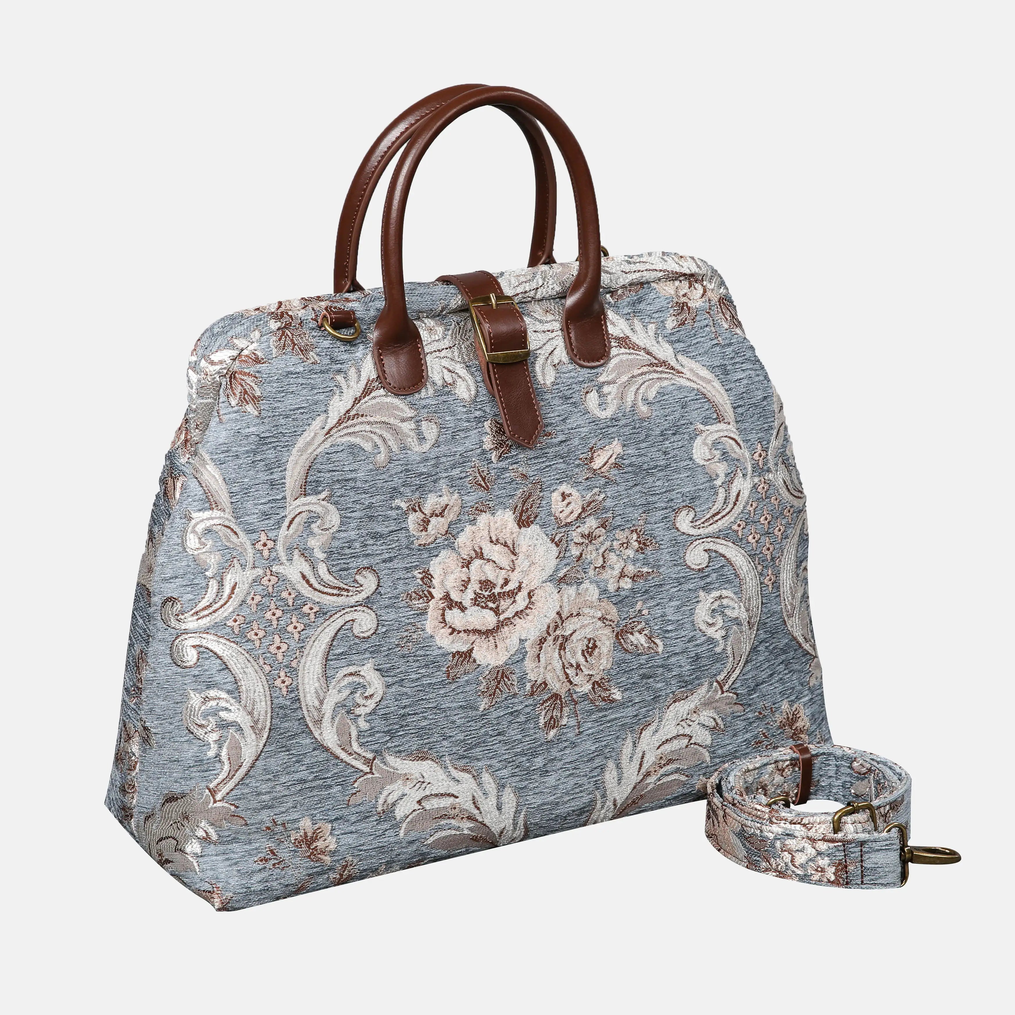 Floral Windy Blue Mary Poppins Weekender carpet bag MCW Handmade front side