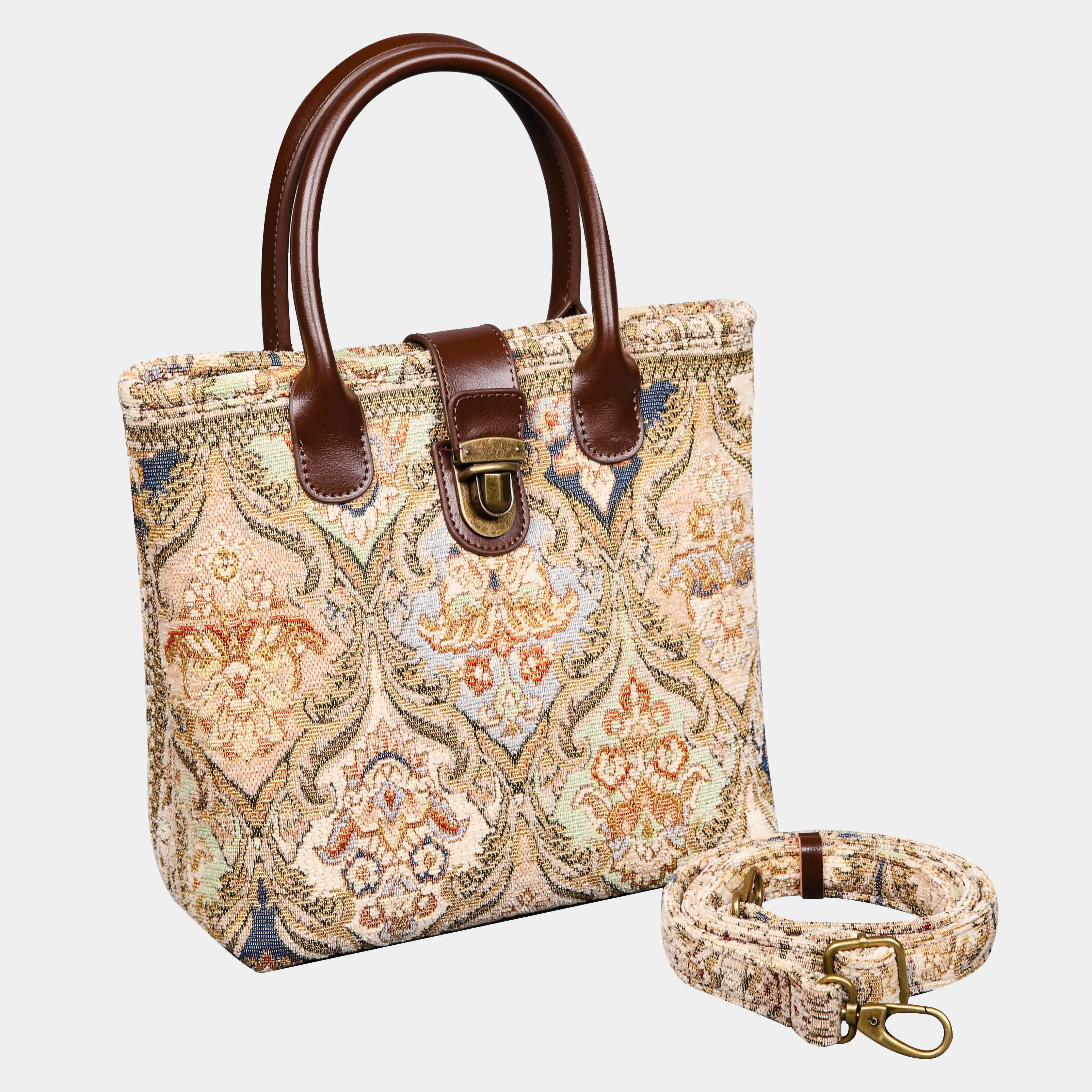 Golden Age Beige Tuck Lock Carpet Satchel carpet bag MCW Handmade of America with strap