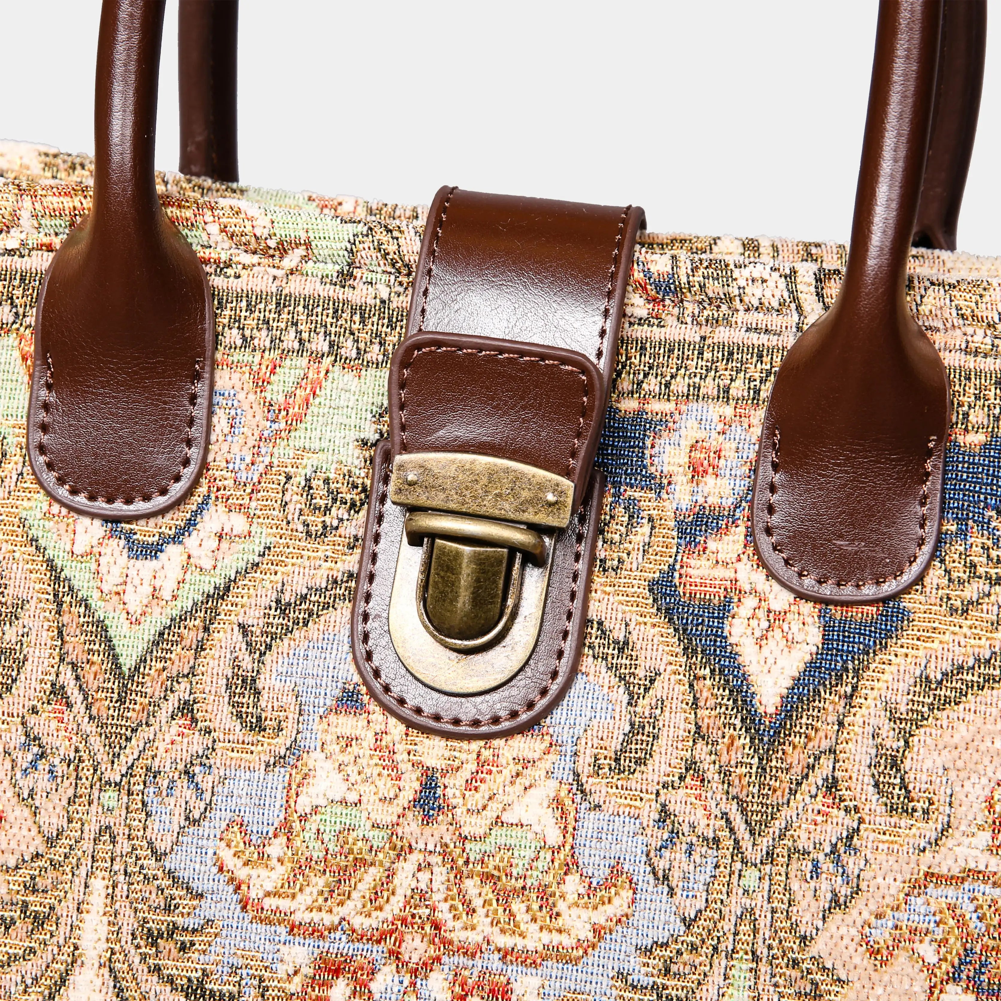 Golden Age Beige Tuck Lock Carpet Satchel carpet bag MCW Handmade of America details