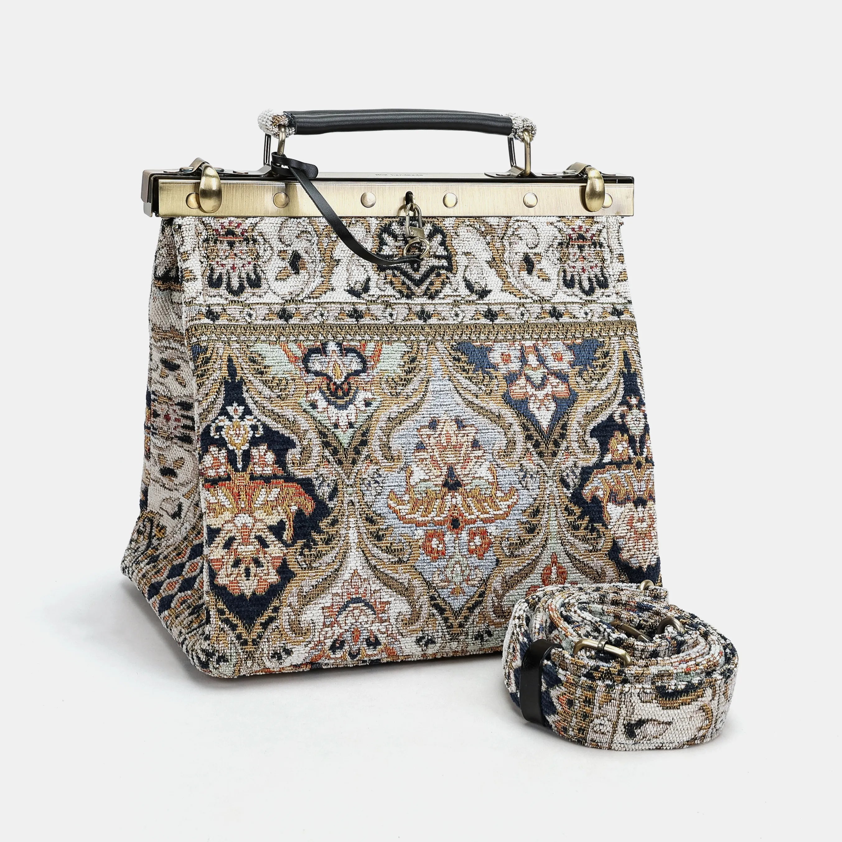 Golden Age Navy Cecile Carpet Purse Gladstone Bag of America with shoulder strap