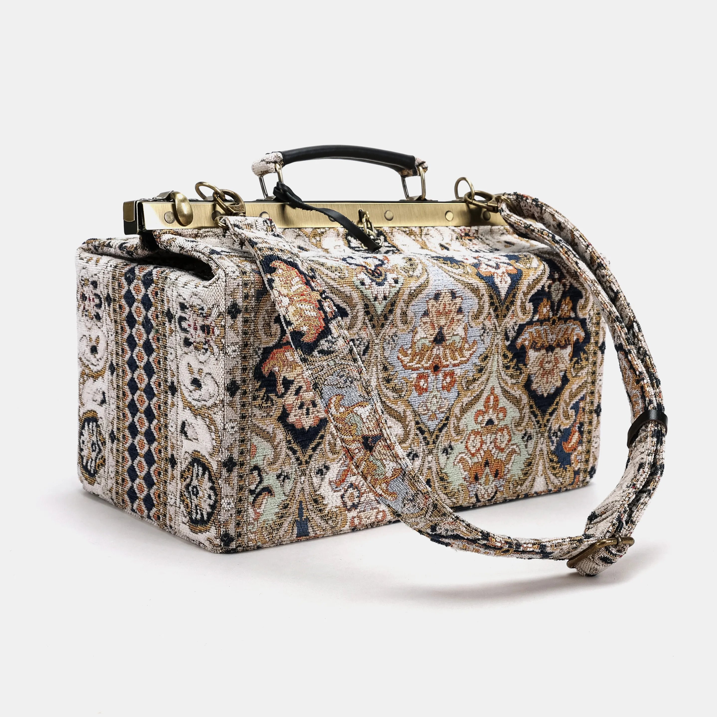 Golden Age Navy Genevieve Carpet Gladstone Bag of America with shoulder strap