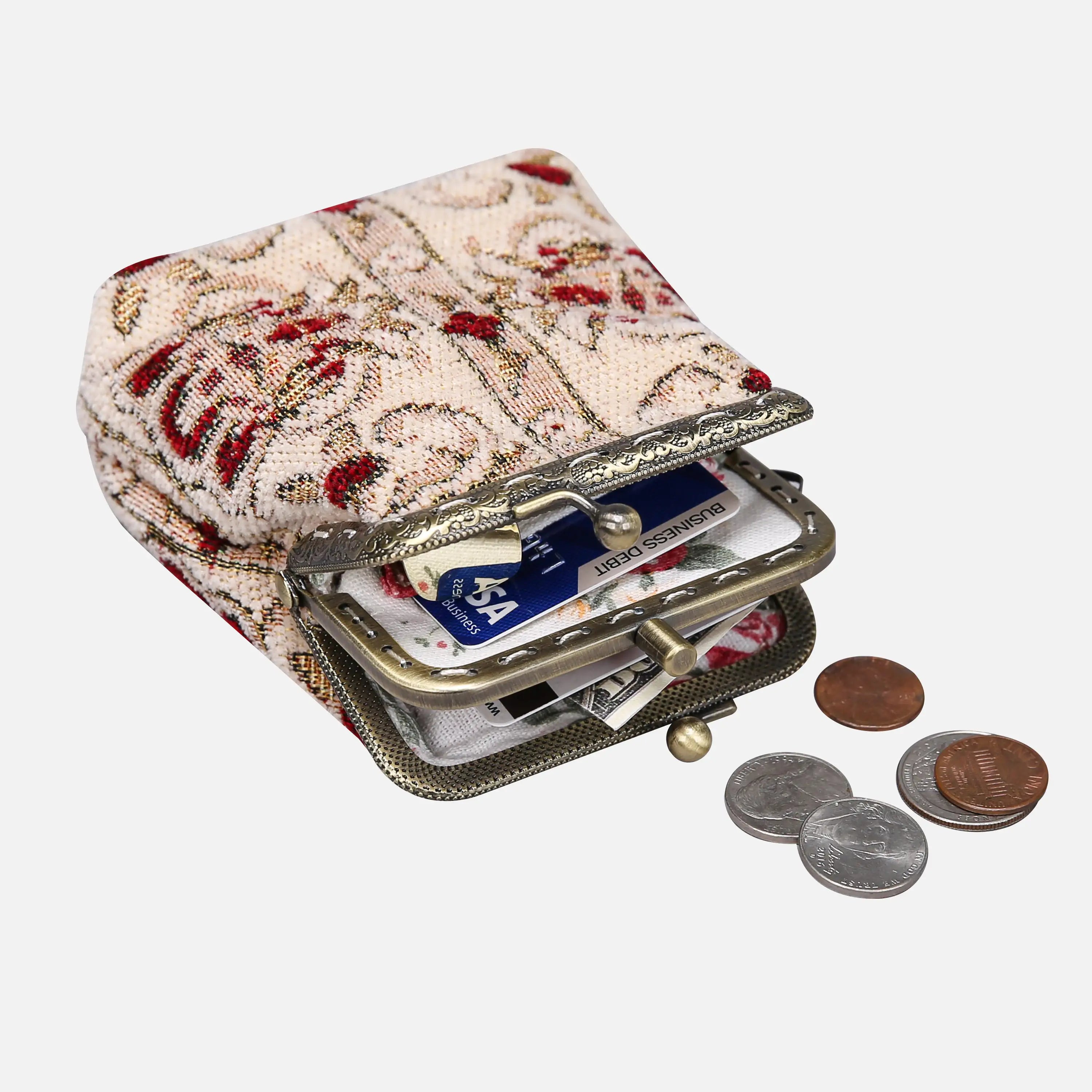 Golden Age Red Double Kiss Clasp Coin Purse of America in use