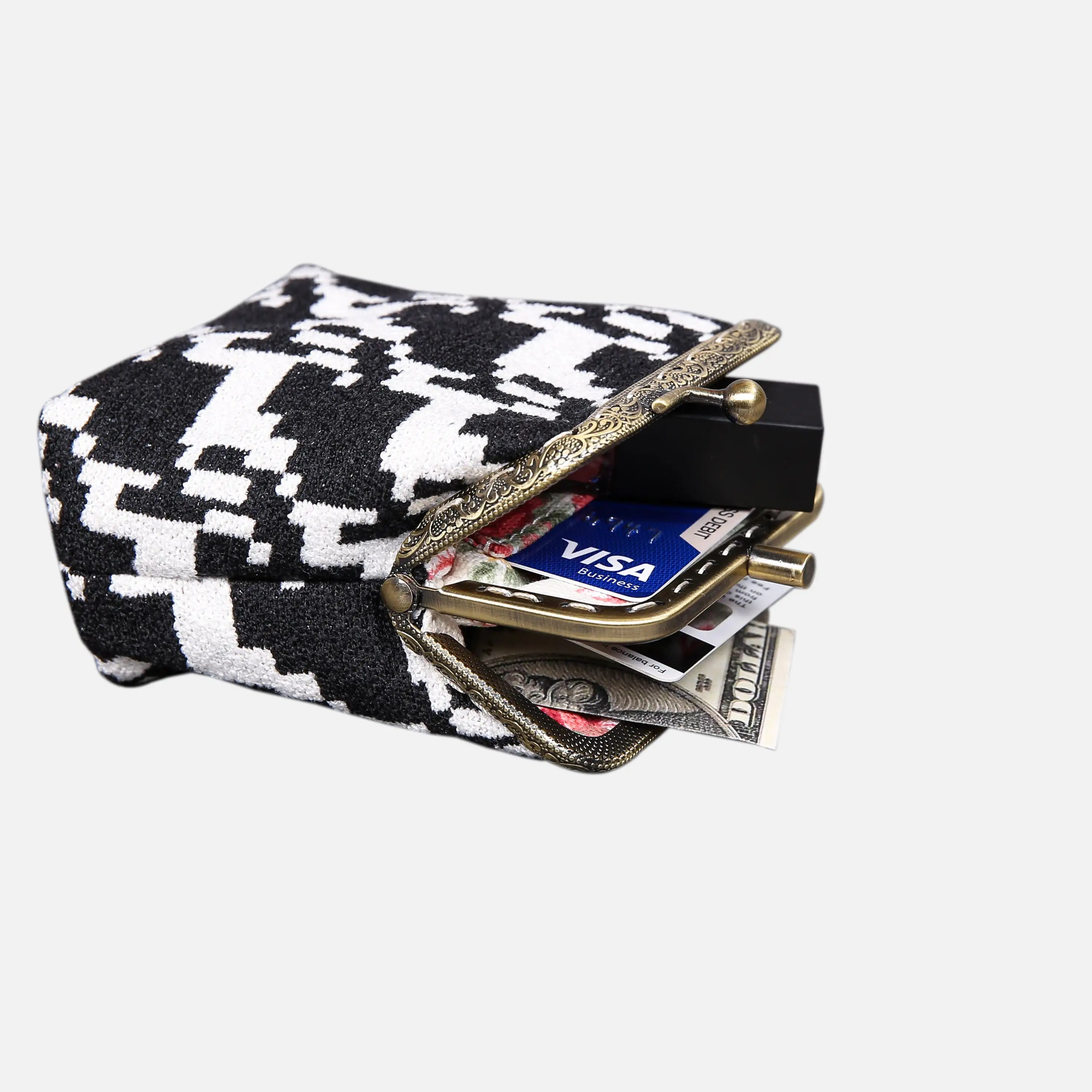 Houndstooth Black Double Kiss Clasp Coin Purse of America side-4