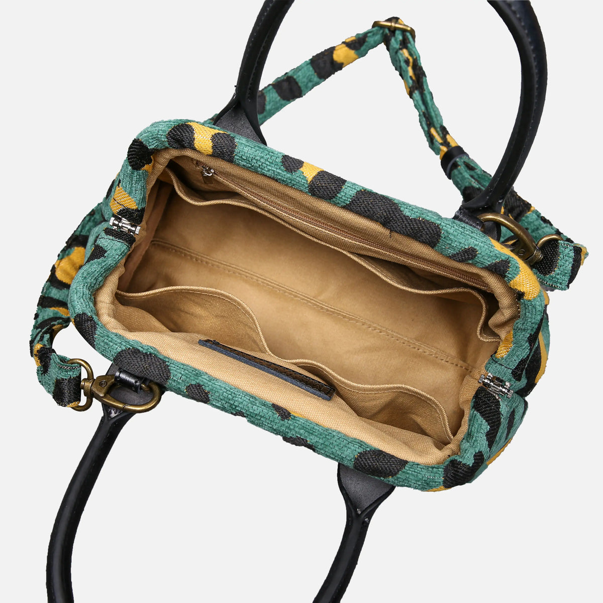 Leopard Green Carpet Satchel carpet bag MCW Handmade of America open