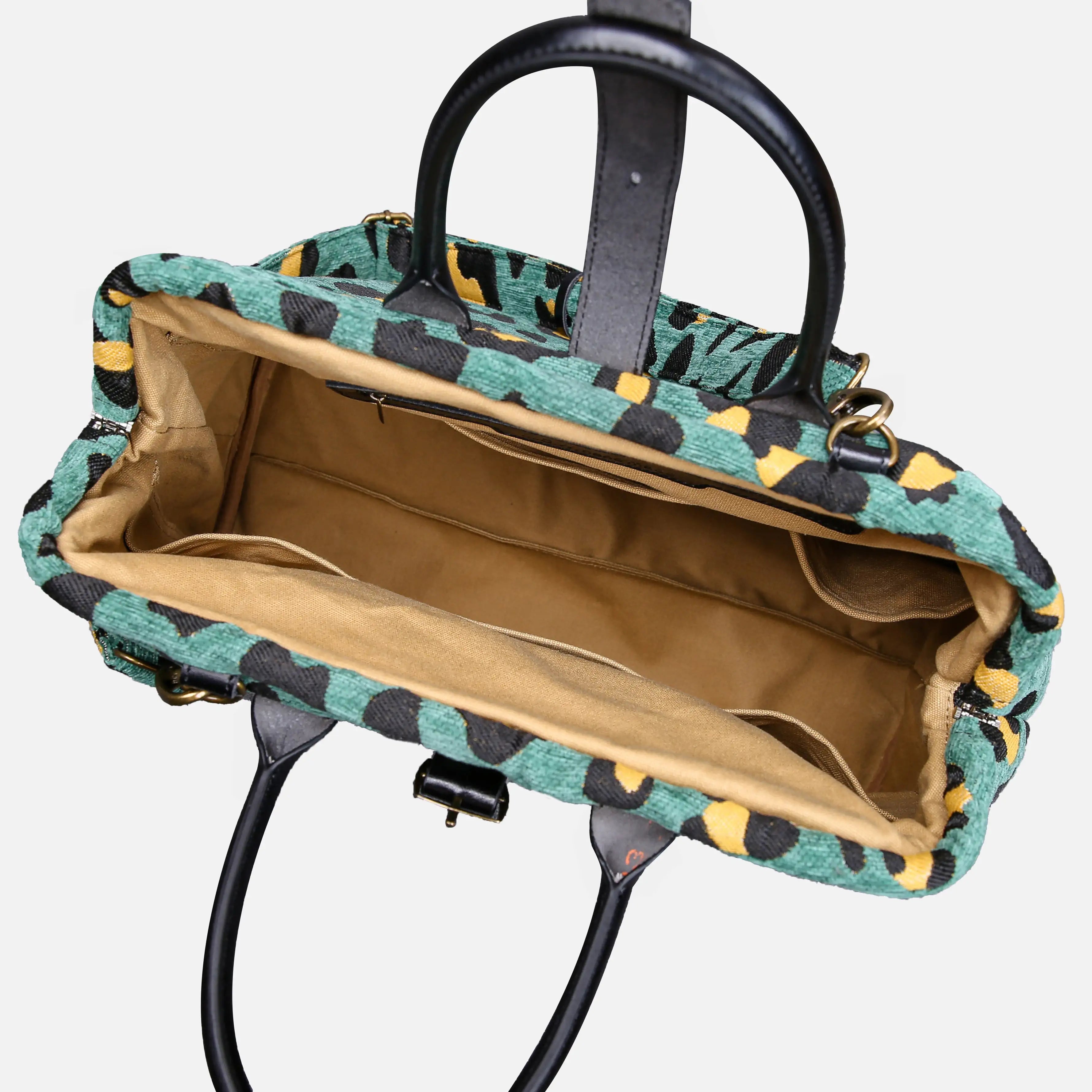 Leopard Green Mary Poppins Weekender Carpetbag of America open