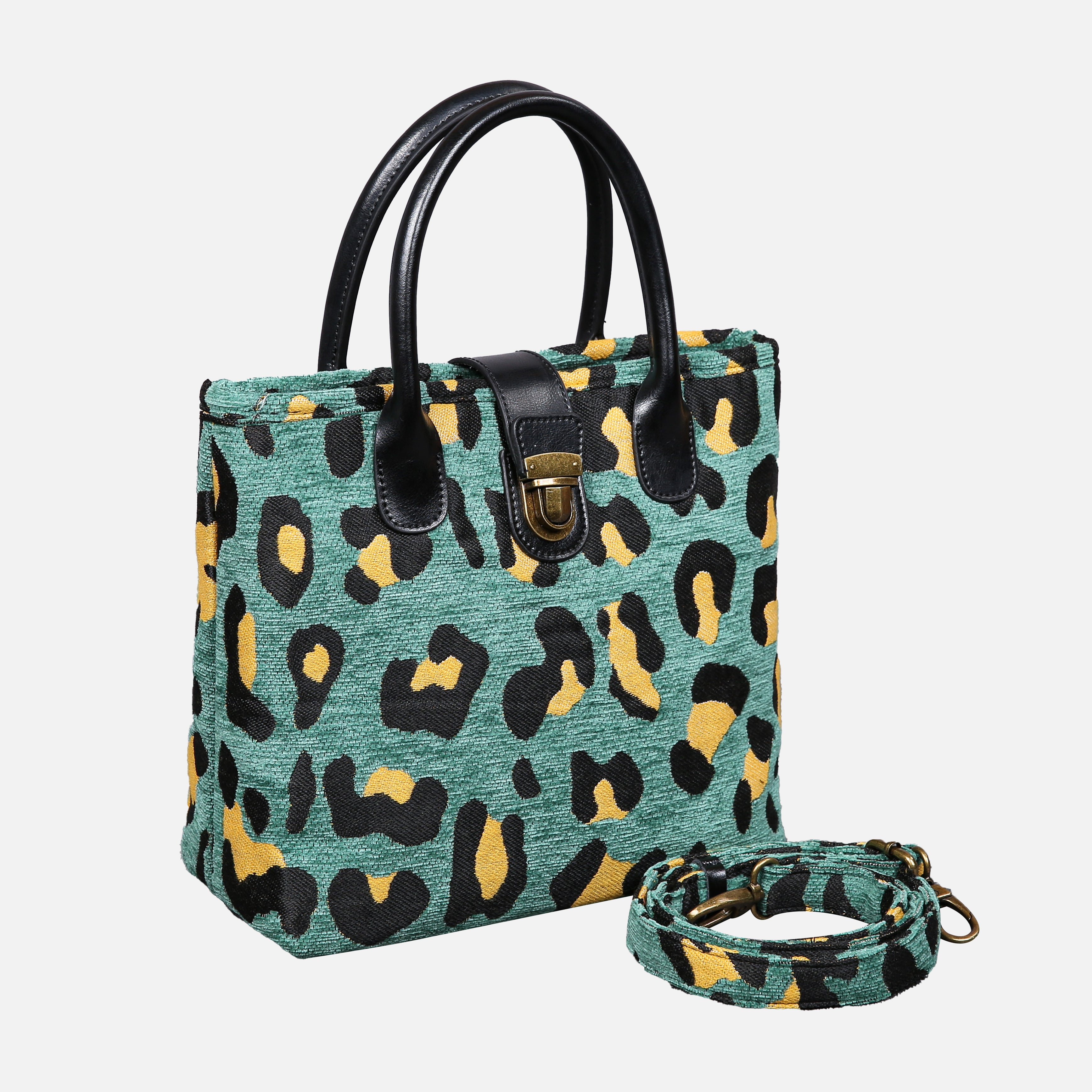 Leopard Green Tuck Lock Carpet Satchel carpet bag MCW Handmade of America with strap