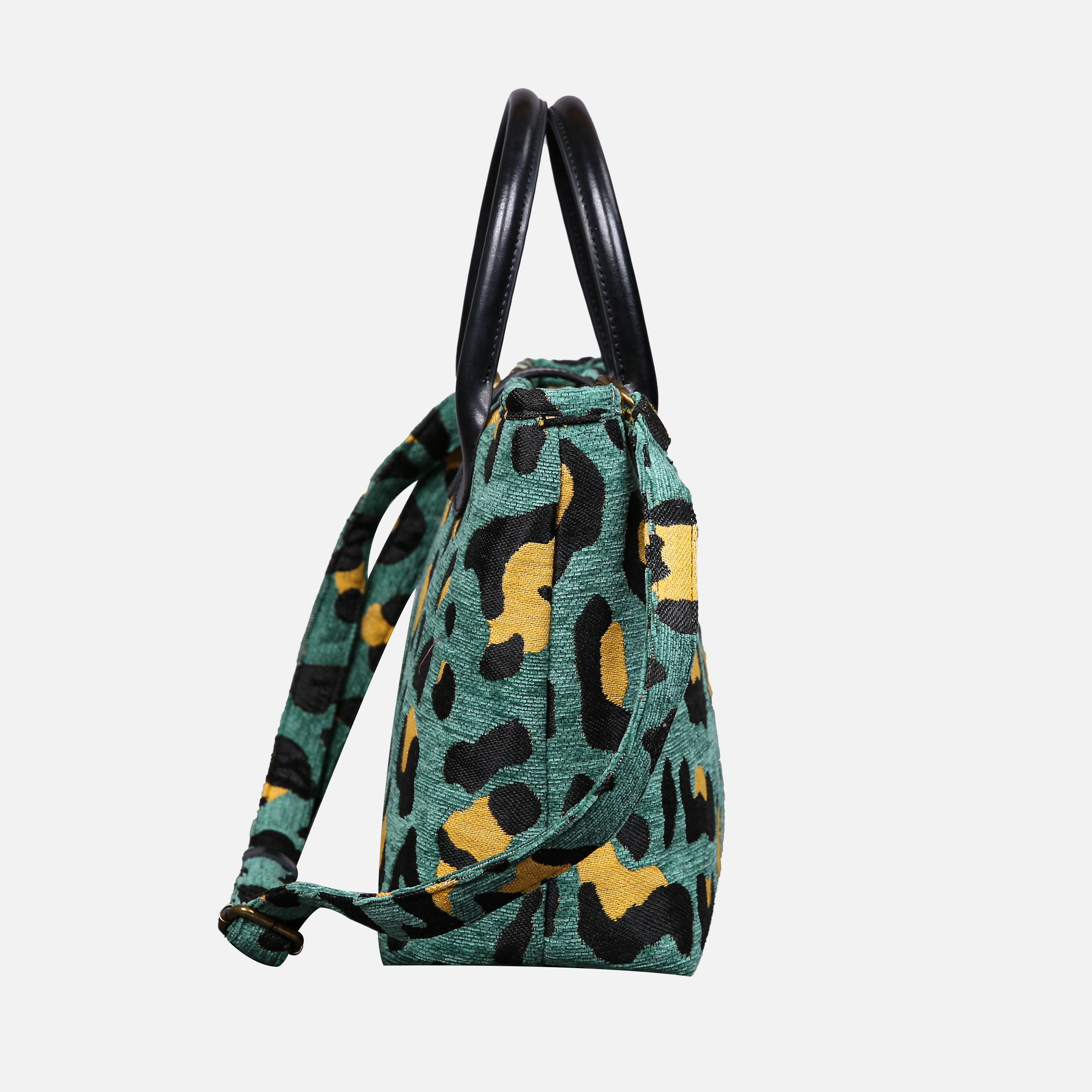 Leopard Green Tuck Lock Carpet Satchel carpet bag MCW Handmade of America side