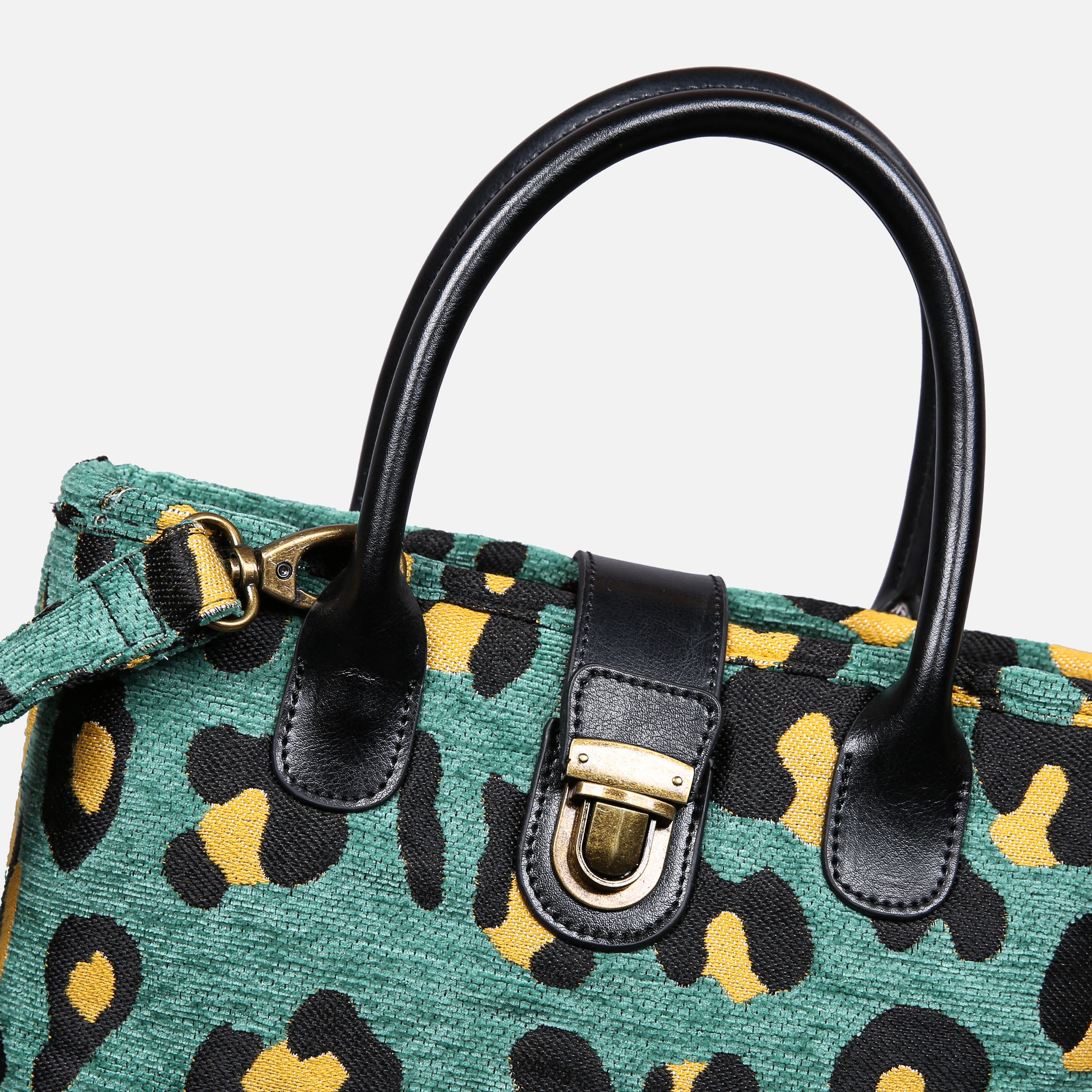 Leopard Green Tuck Lock Carpet Satchel carpet bag MCW Handmade of America details