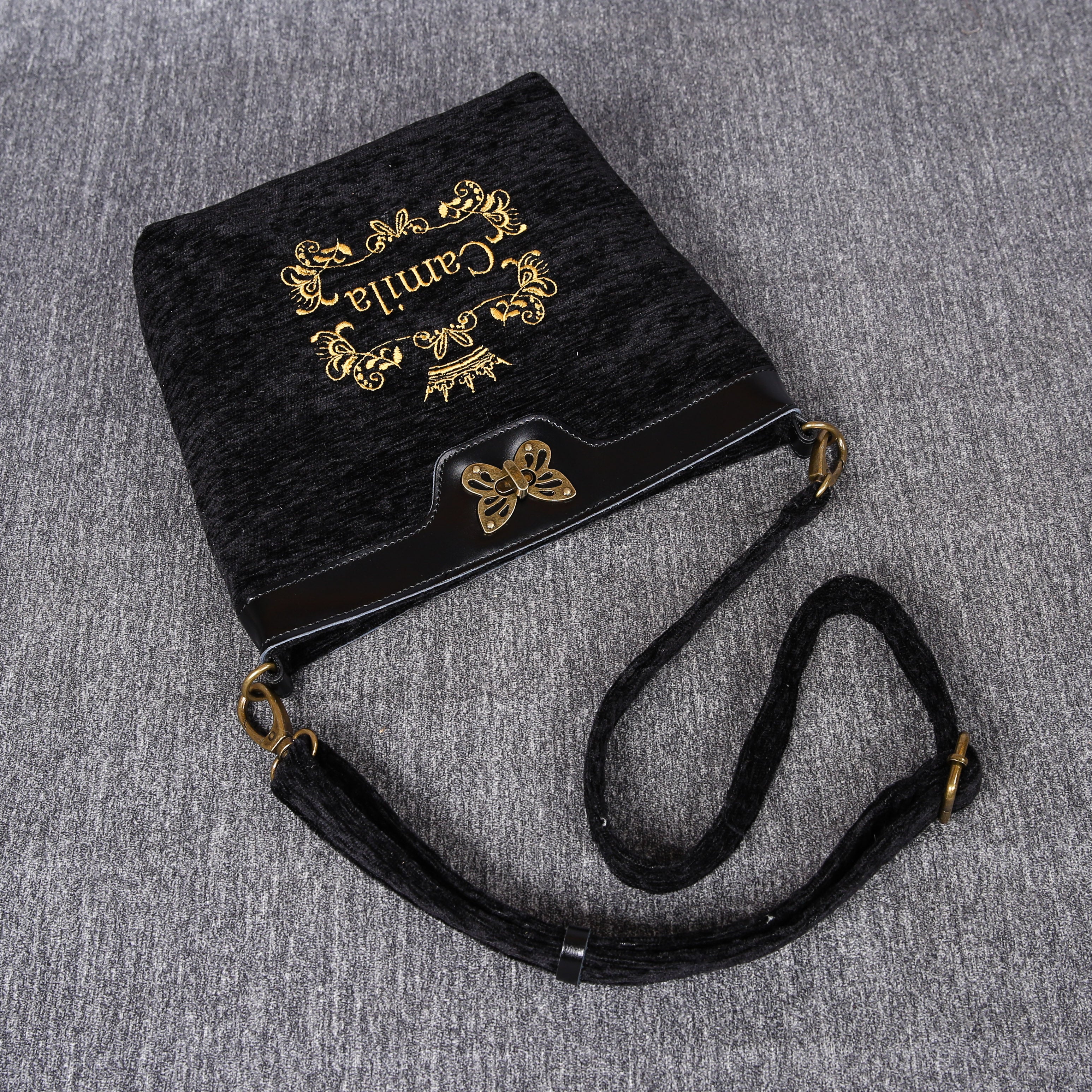 Luxury Monogrammed Black Butterfly Crossbody Bag ( Single Name ) lay flat