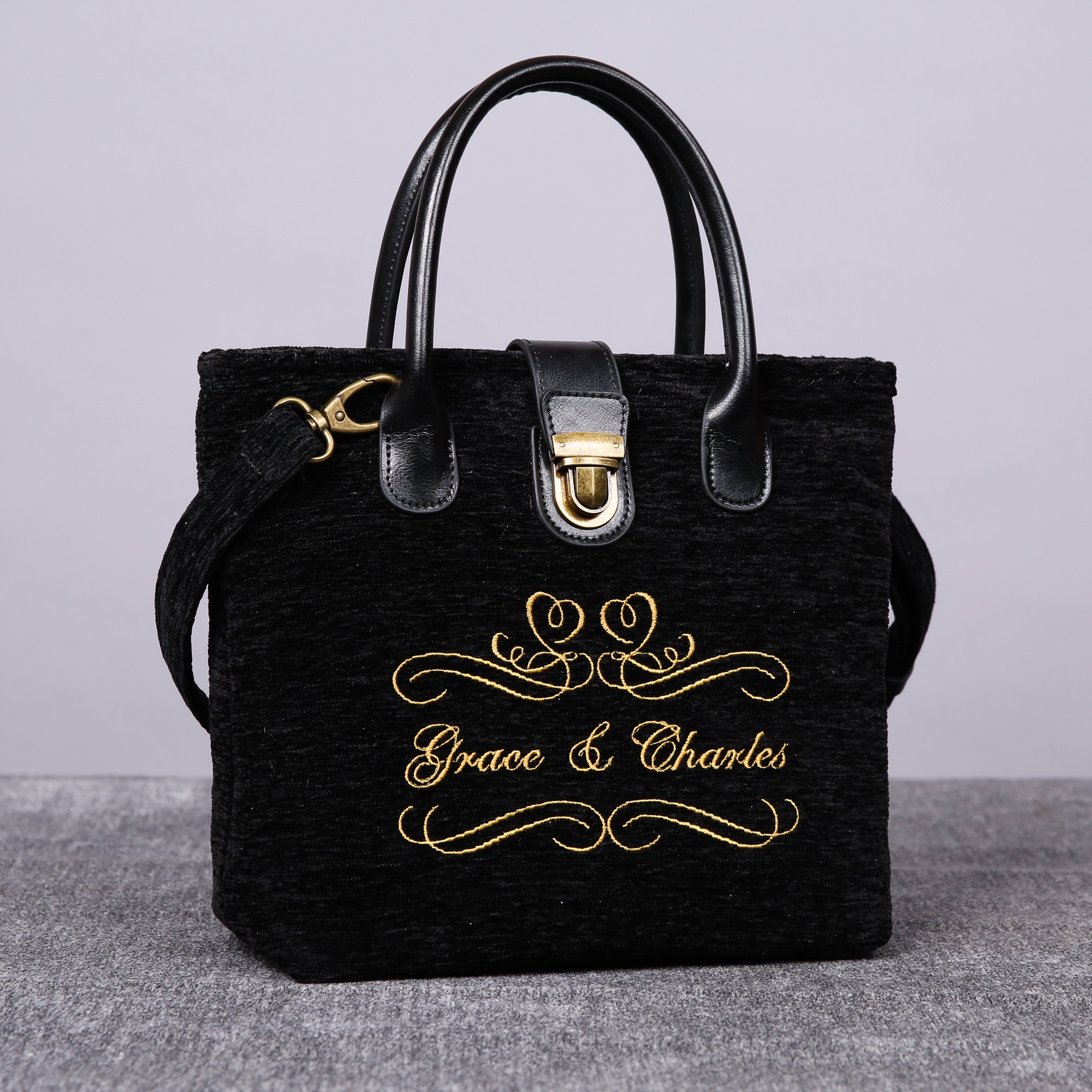Luxury Monogrammed Black Compact Tote carpet bag MCW Handmade front side