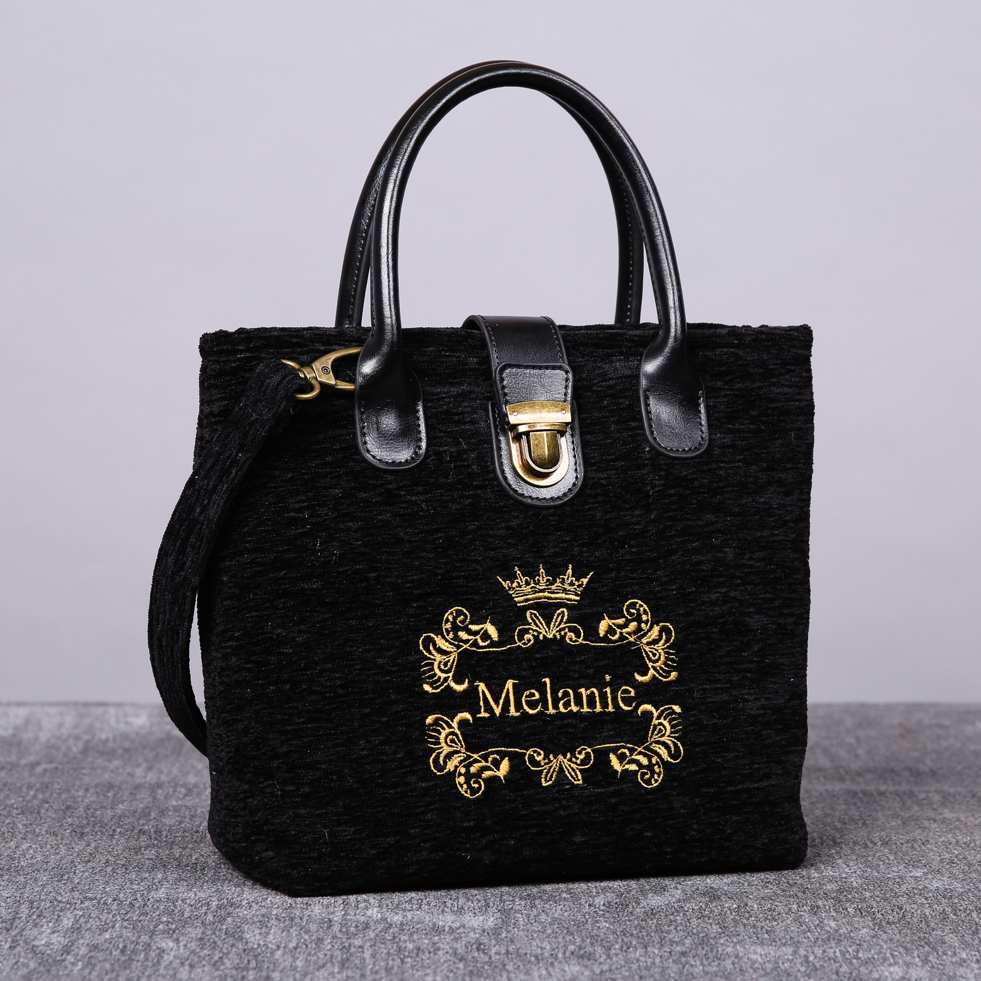 Luxury Monogrammed Black Compact Tote carpet bag MCW Handmade front side