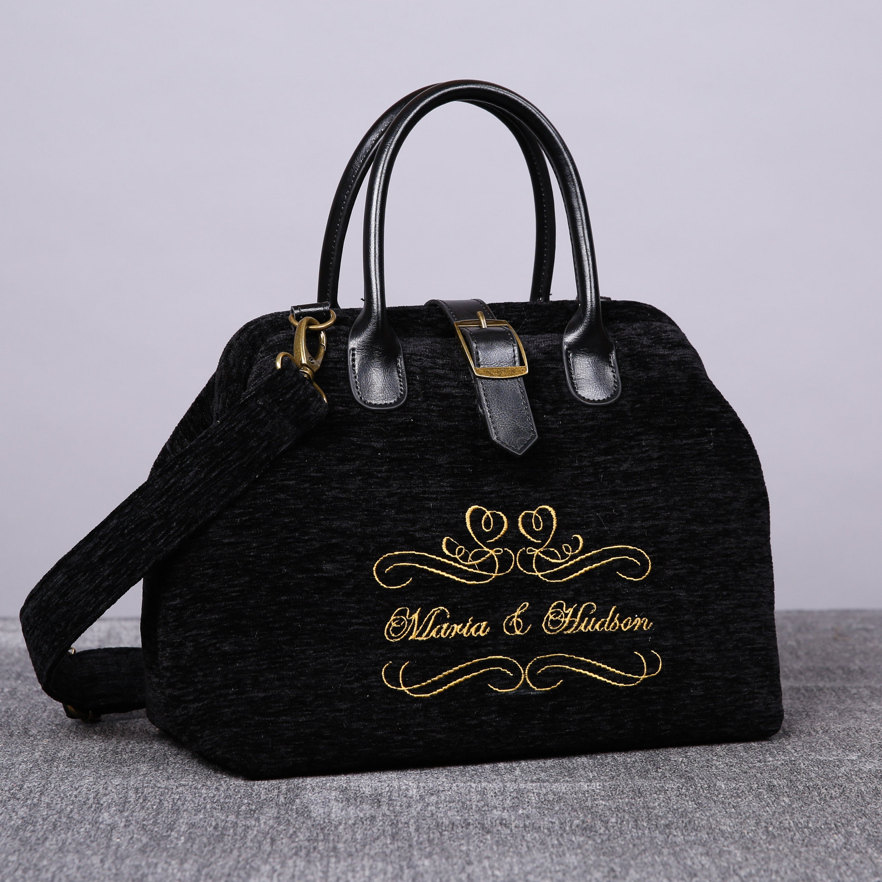 Luxury Monogrammed Black Handbag Purse (Double Names) of America front side