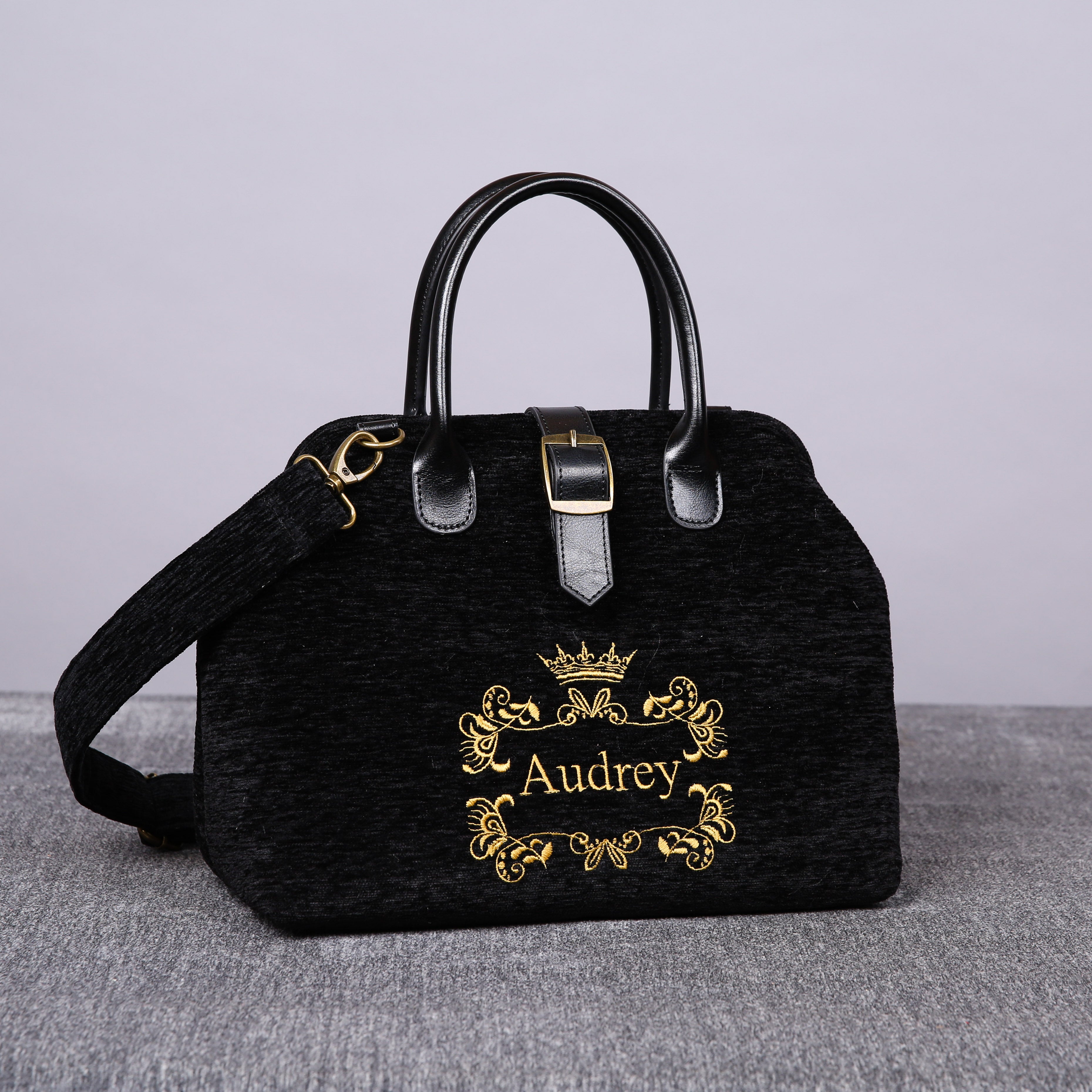 Luxury Monogrammed Black Handbag Purse ( Single Name ) front side