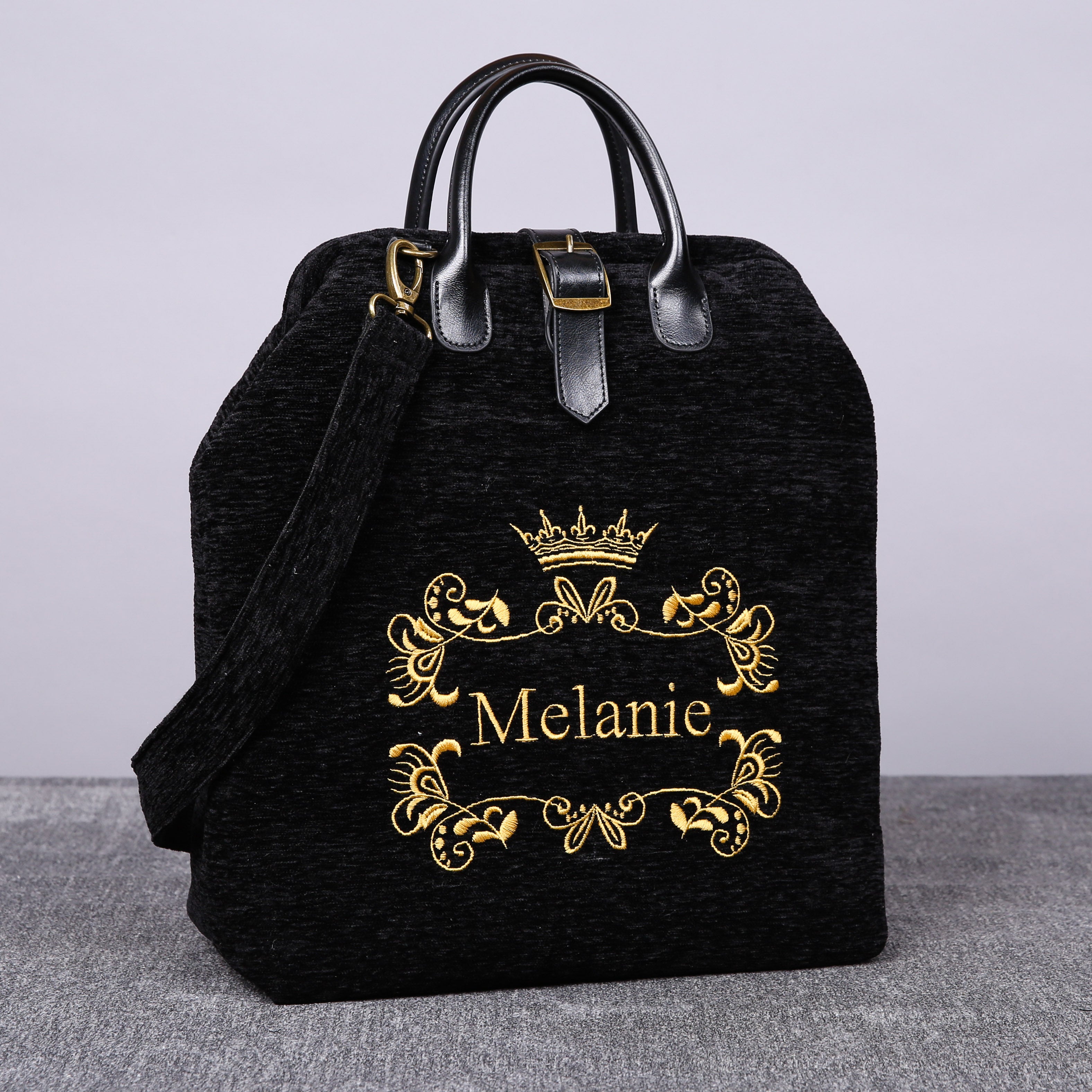 Luxury Monogrammed Black Multi-Functional Backpack carpet bag MCW Handmade front side