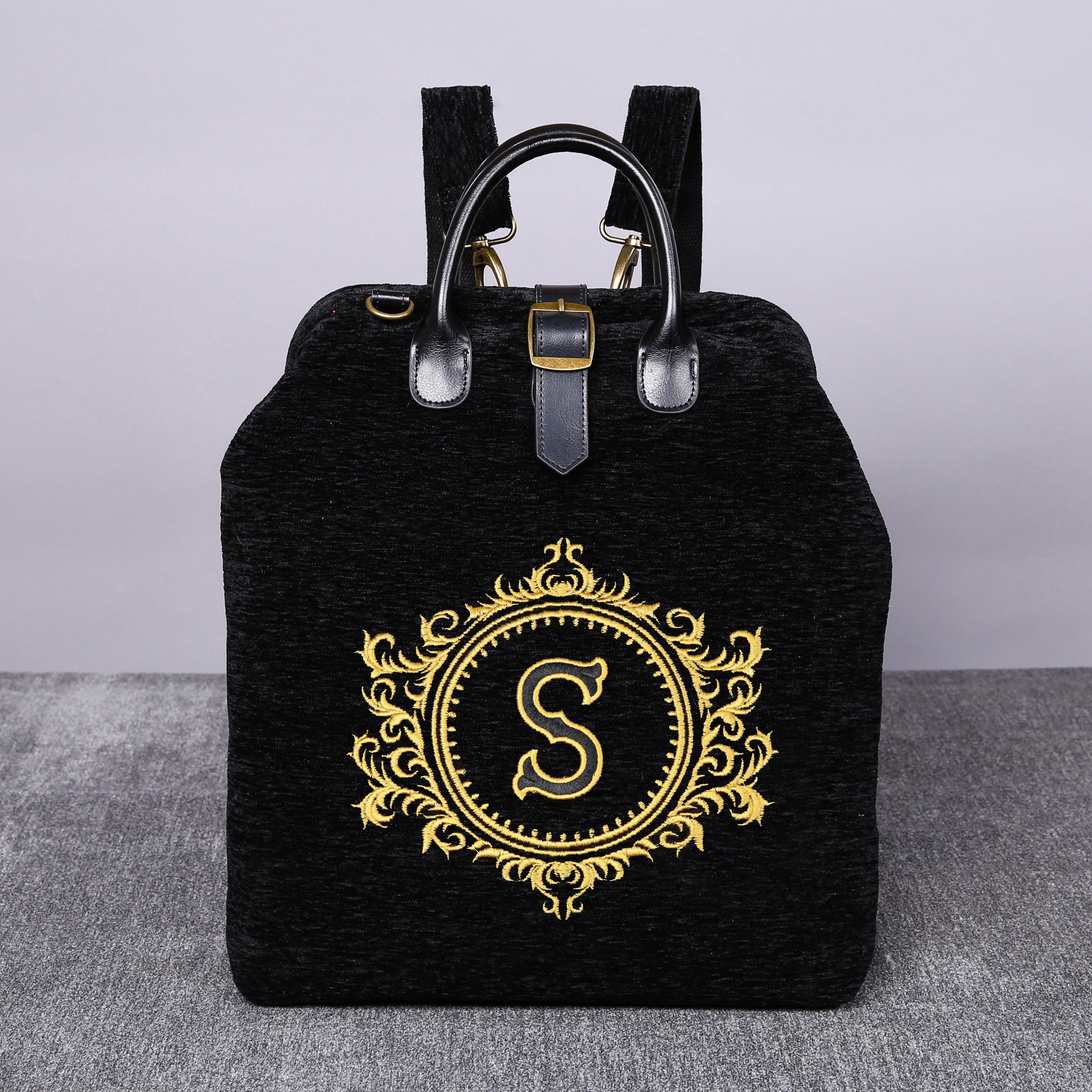 Luxury Monogrammed Black Multi-Functional Backpack carpet bag MCW Handmade Flourish with Monogram Letter 'S'