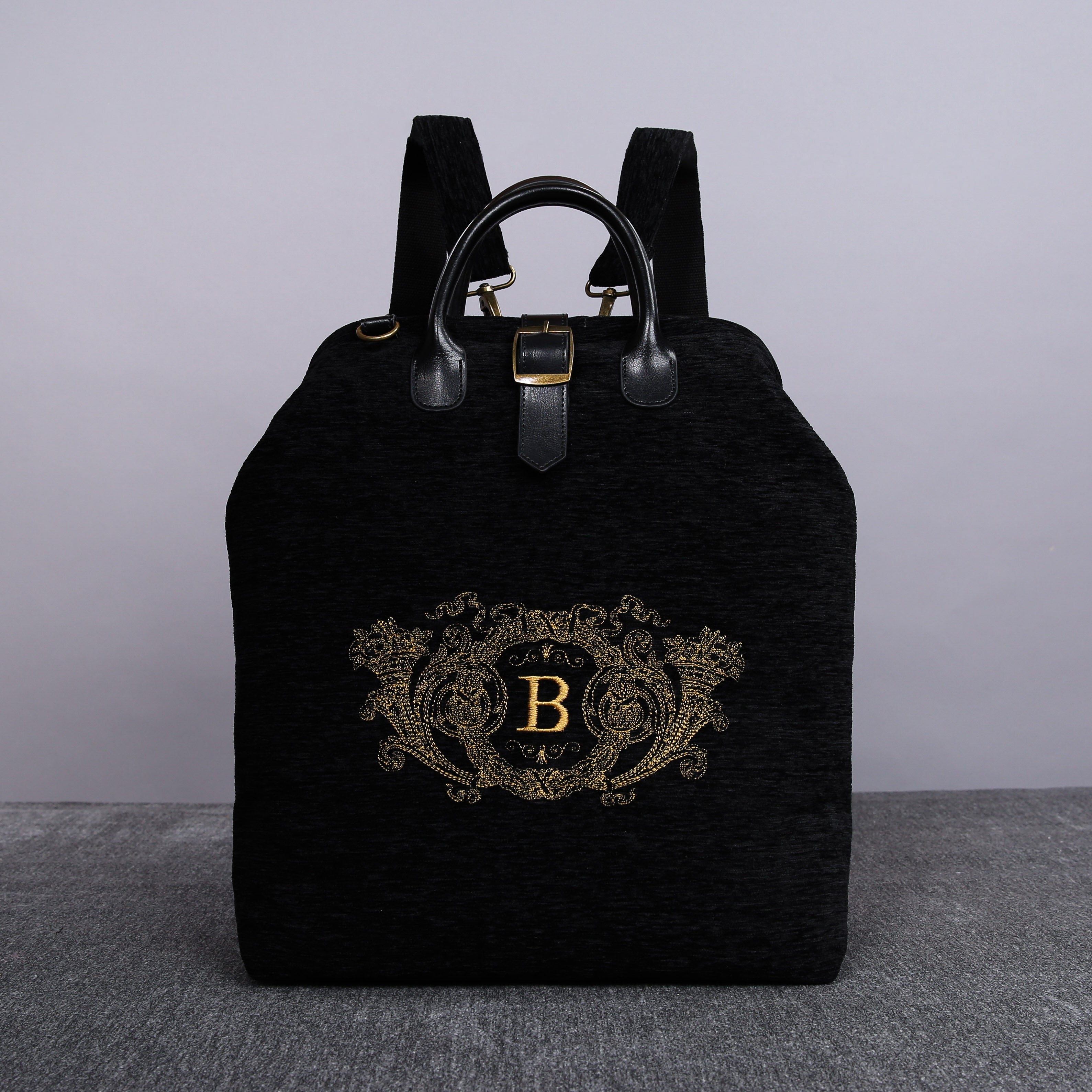 Luxury Monogrammed Black Multi-Functional Backpack carpet bag MCW Handmade Victorian with Monogram Letter 'B'
