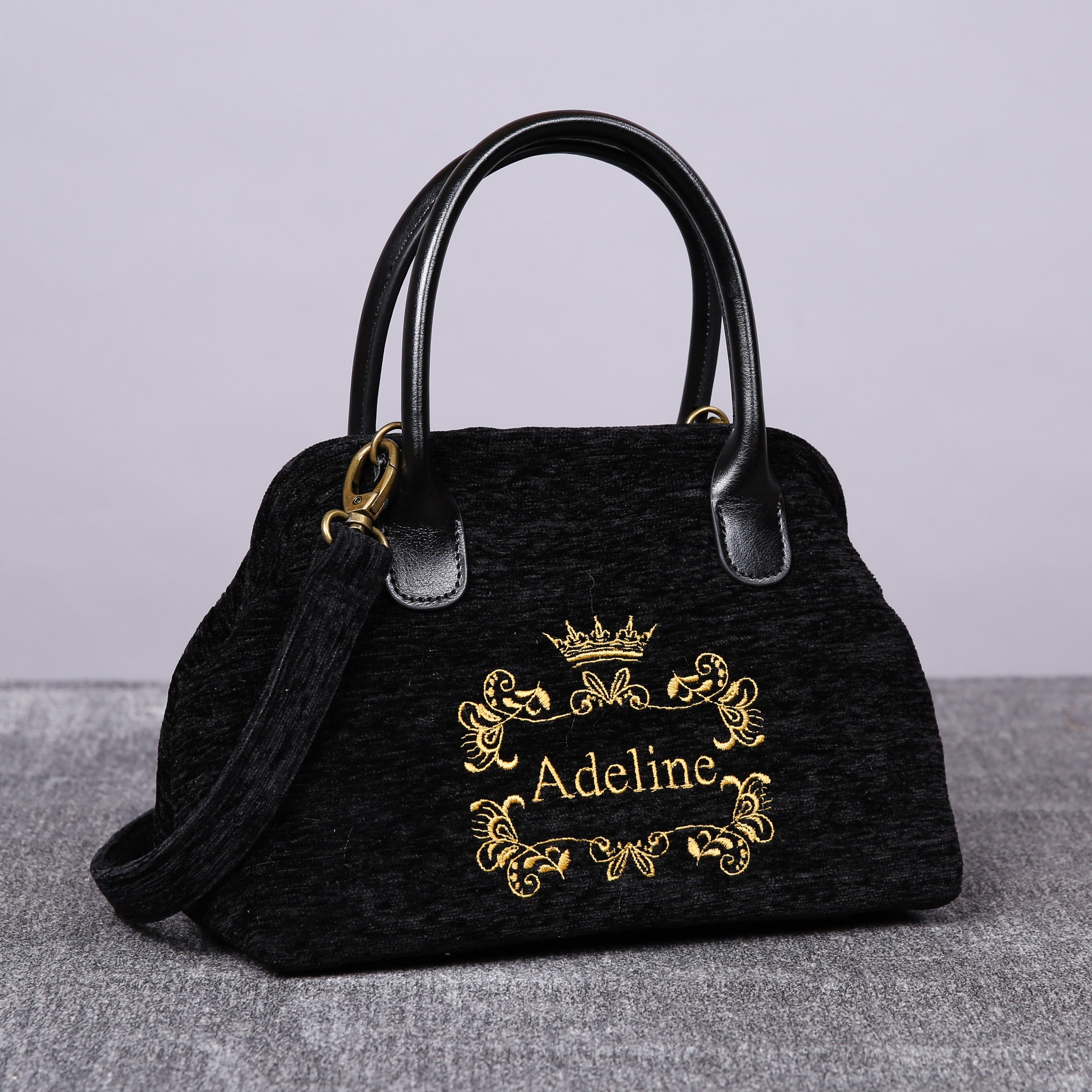 Luxury Monogrammed Black Satchels carpet bag MCW Handmade front side