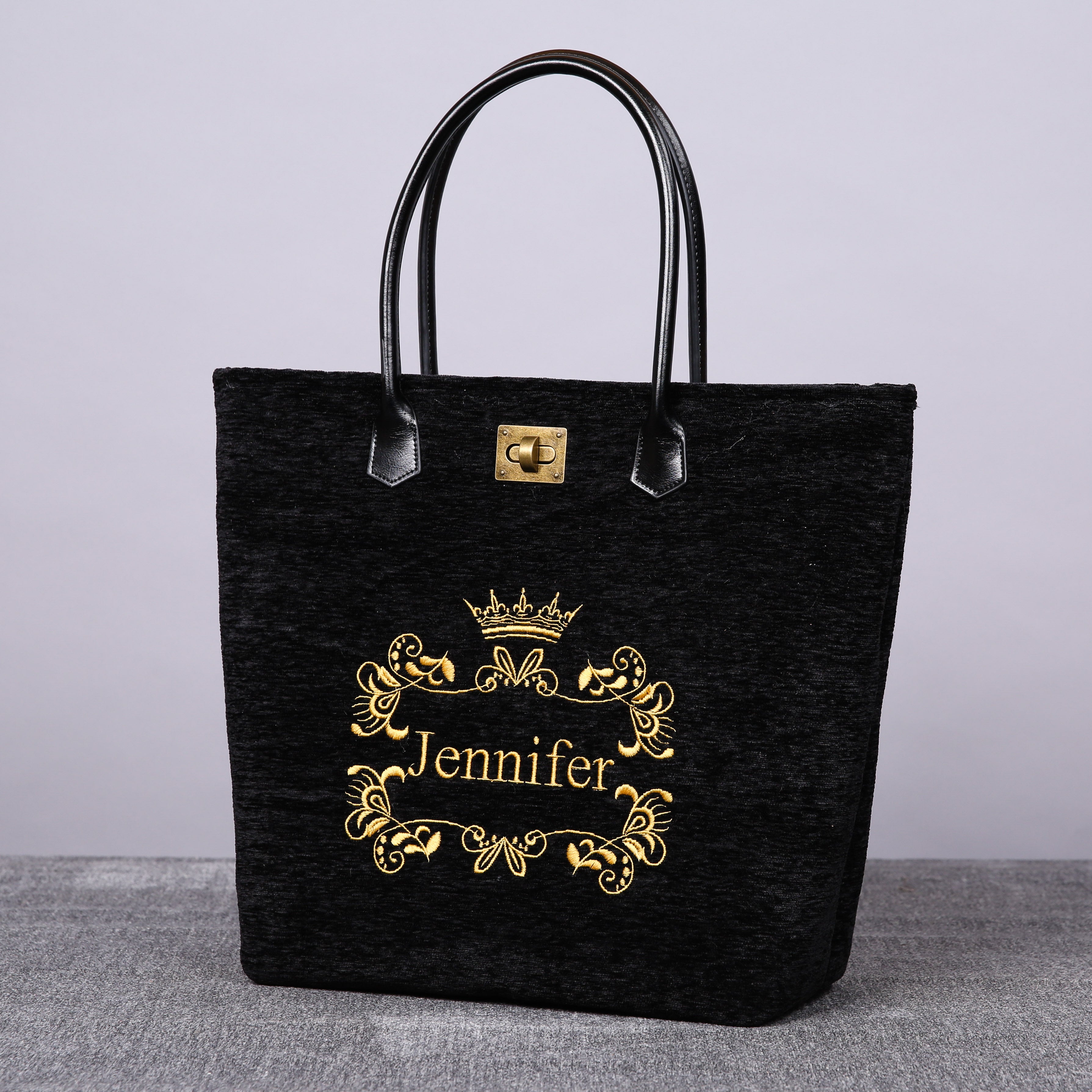 Luxury Monogrammed Black Tote carpet bag MCW Handmade front side