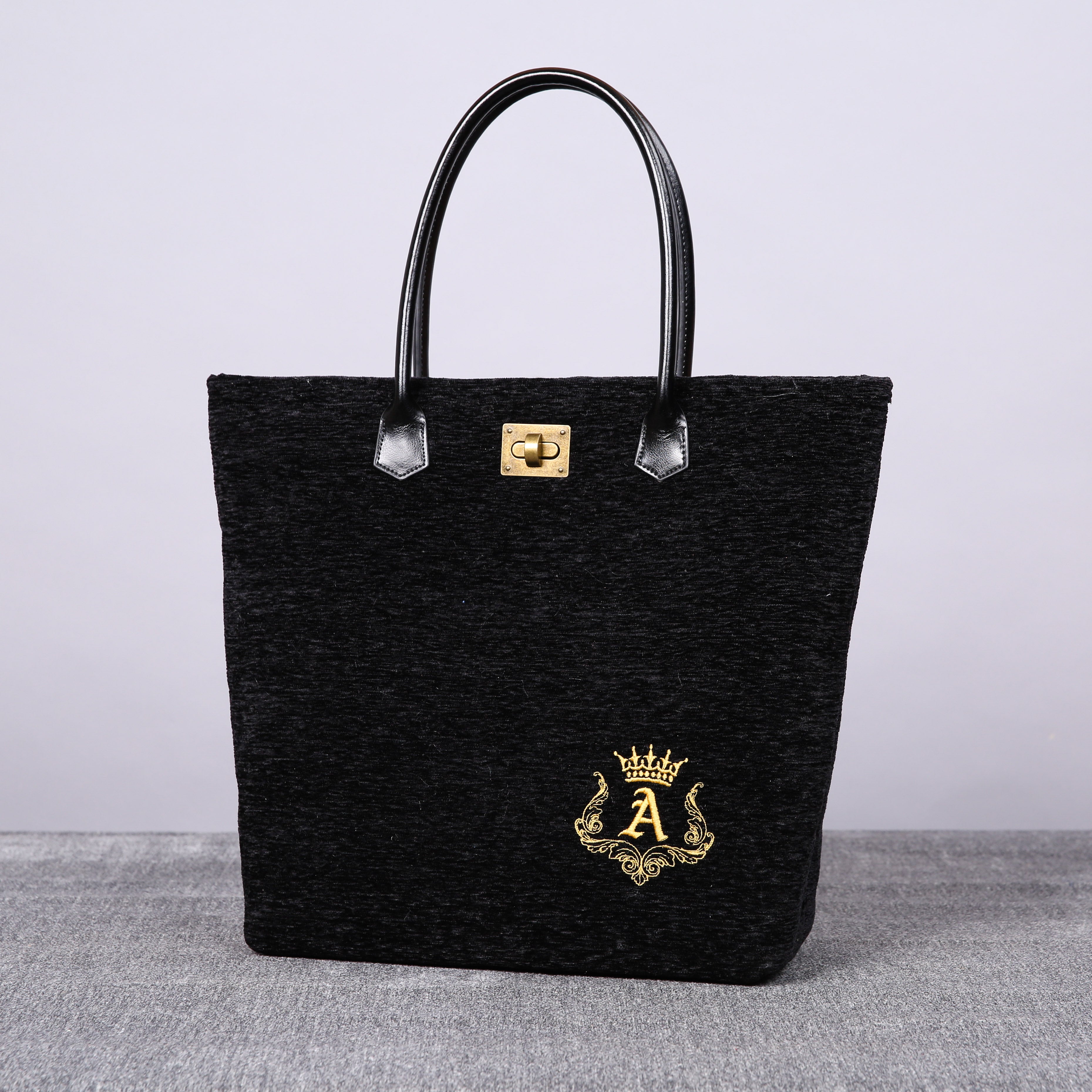 Luxury Monogrammed Black Tote carpet bag MCW Handmade front