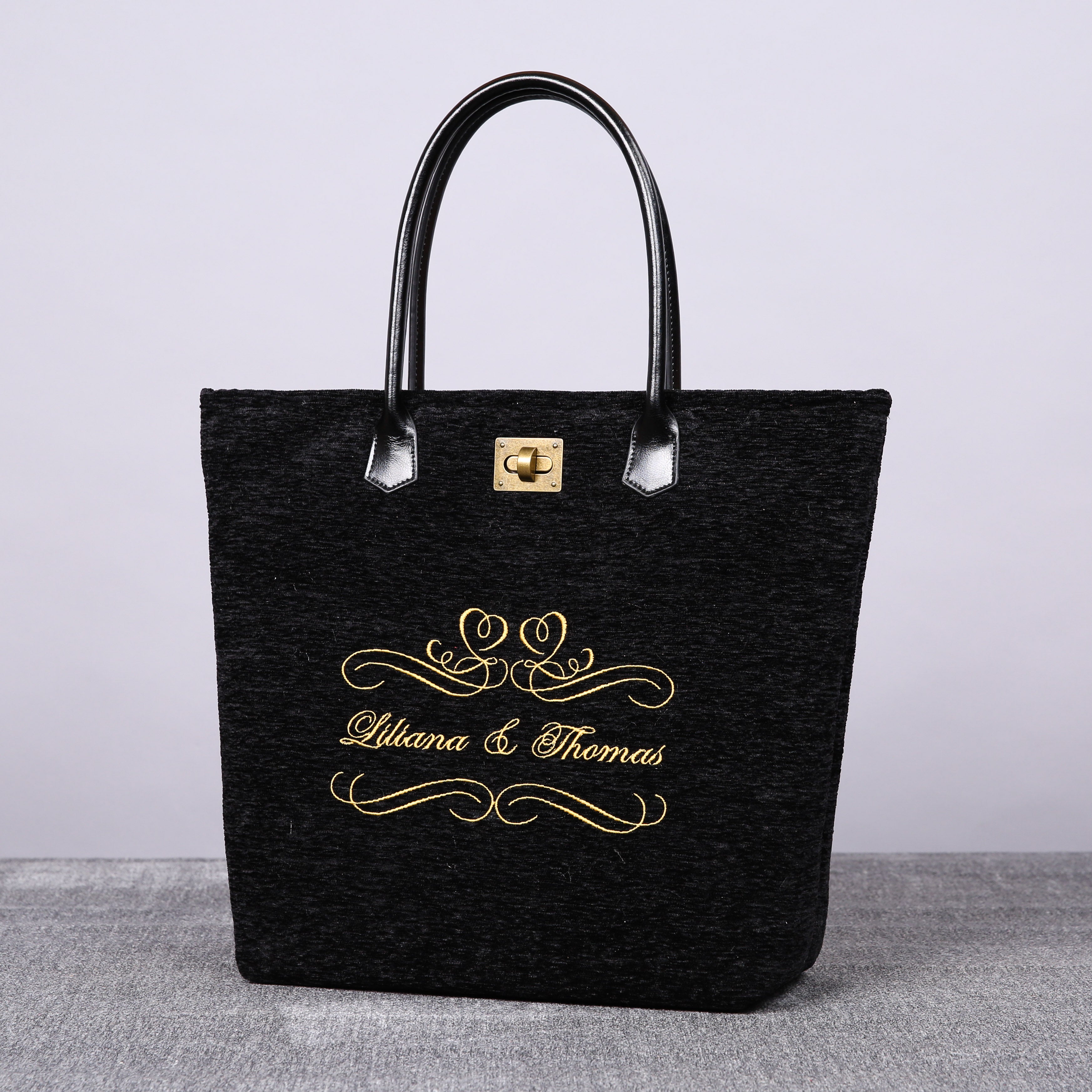 Luxury Monogrammed Black Tote carpet bag MCW Handmade front