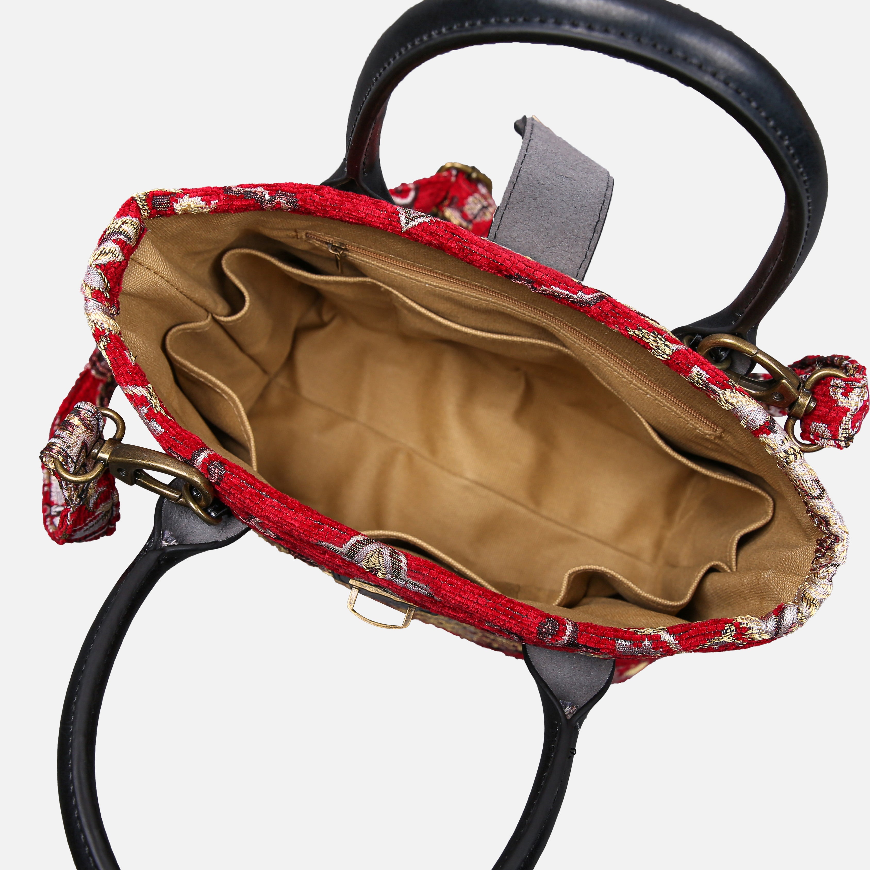 Nostalgia Red Tuck Lock Carpet Satchel carpet bag MCW Handmade of America inside