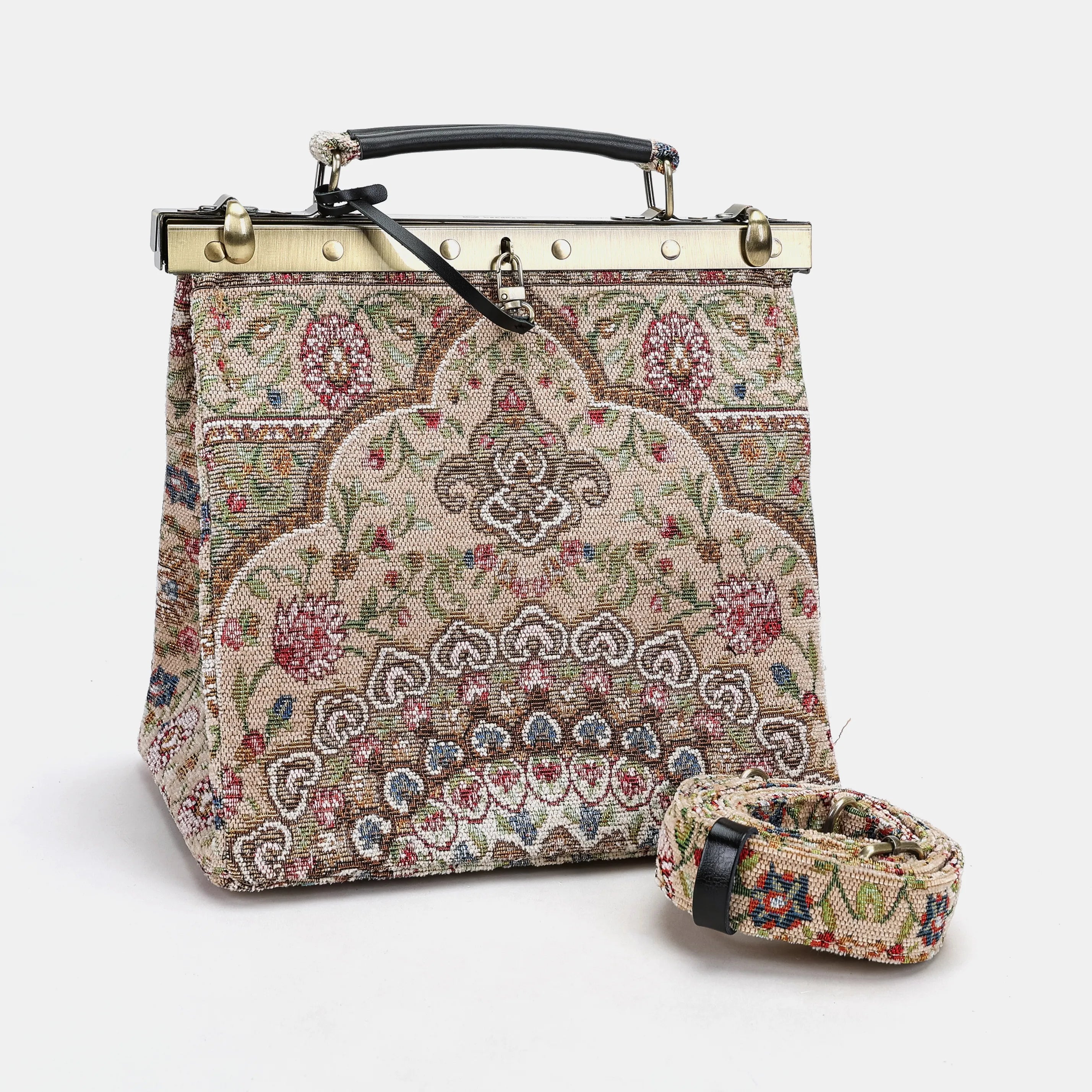 Oriental Beige Cecile Carpet Purse Gladstone Bag of America with shoulder strap