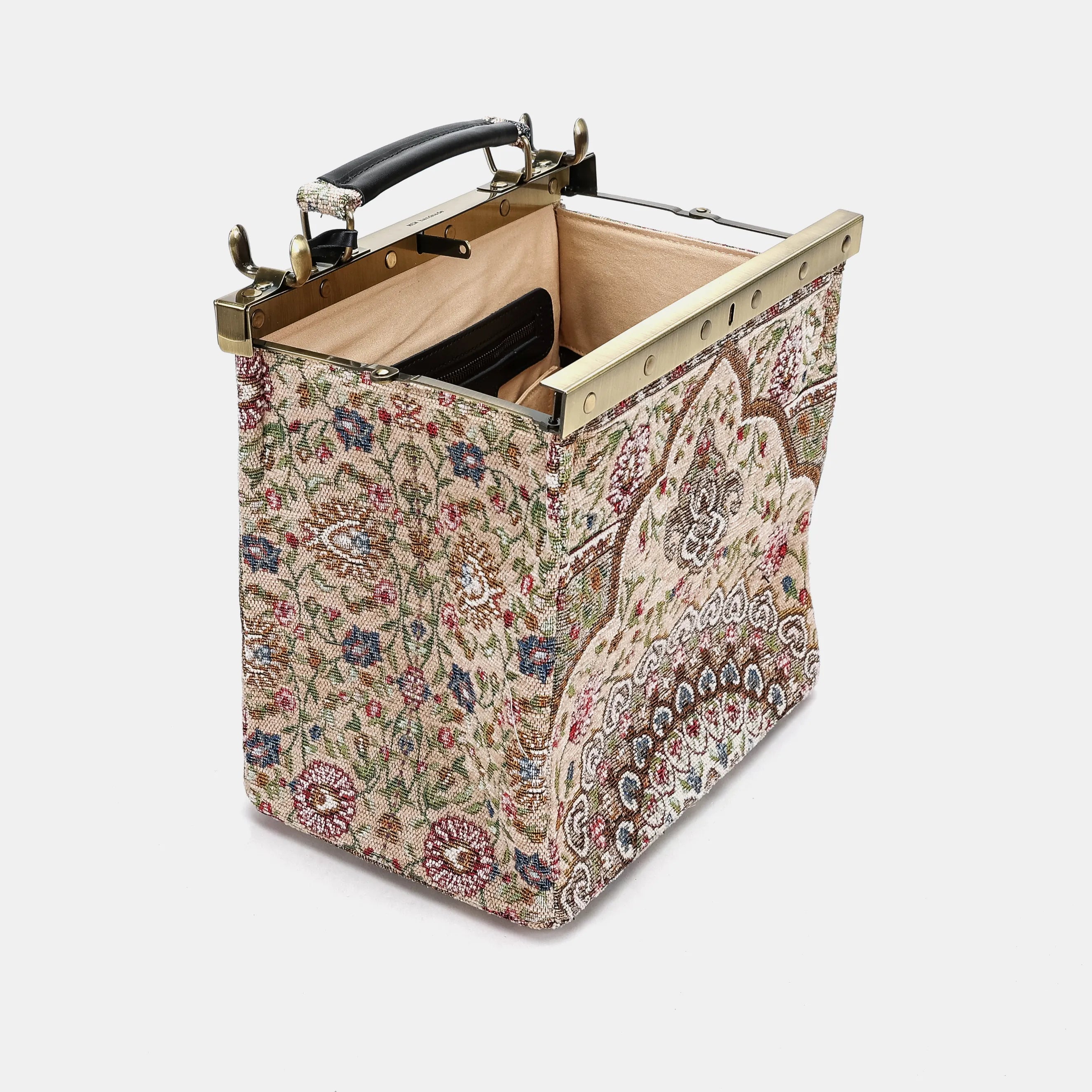 Oriental Beige Cecile Carpet Purse Gladstone Bag of America open and stand