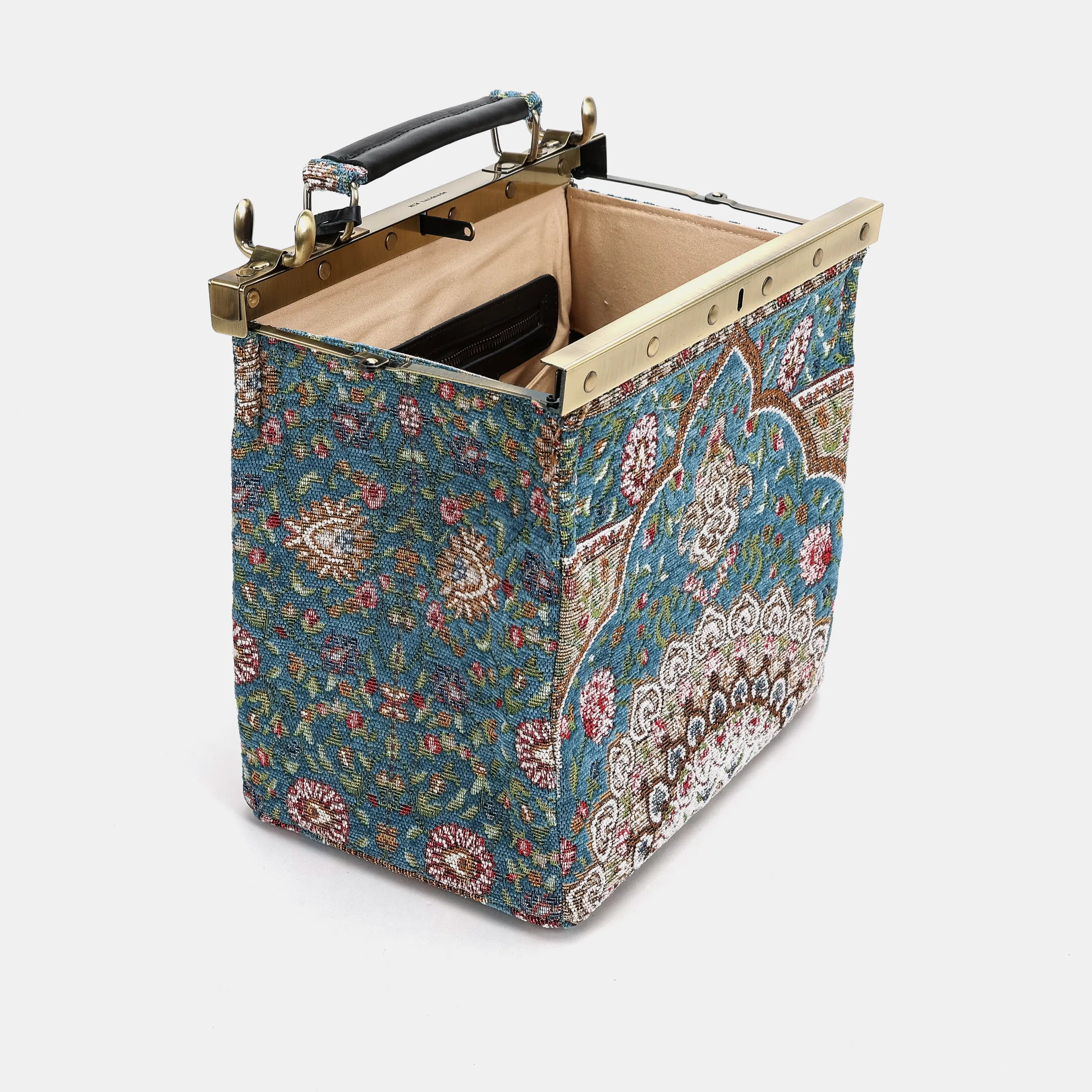 Oriental Blue Cecile Carpet Purse Gladstone Bag of America open and stand