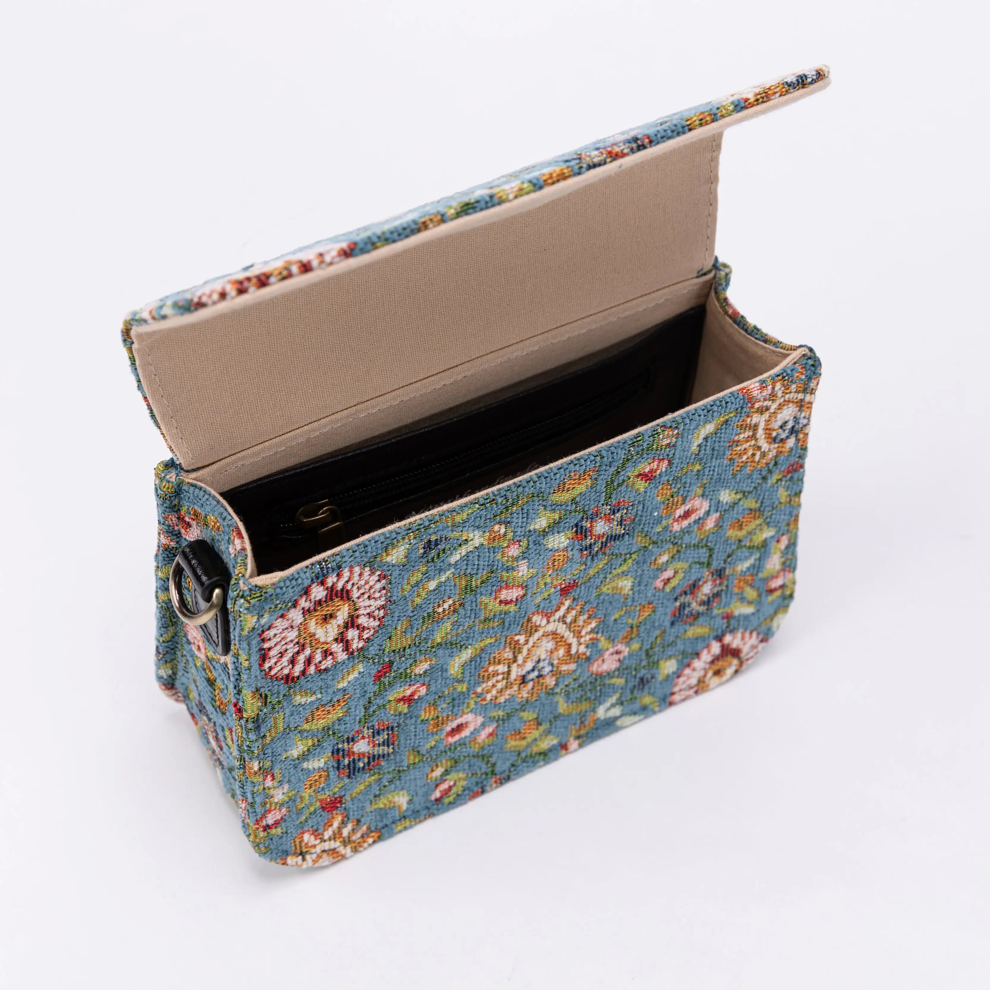 Oriental Blue Flap Crossbody Bag of America opening