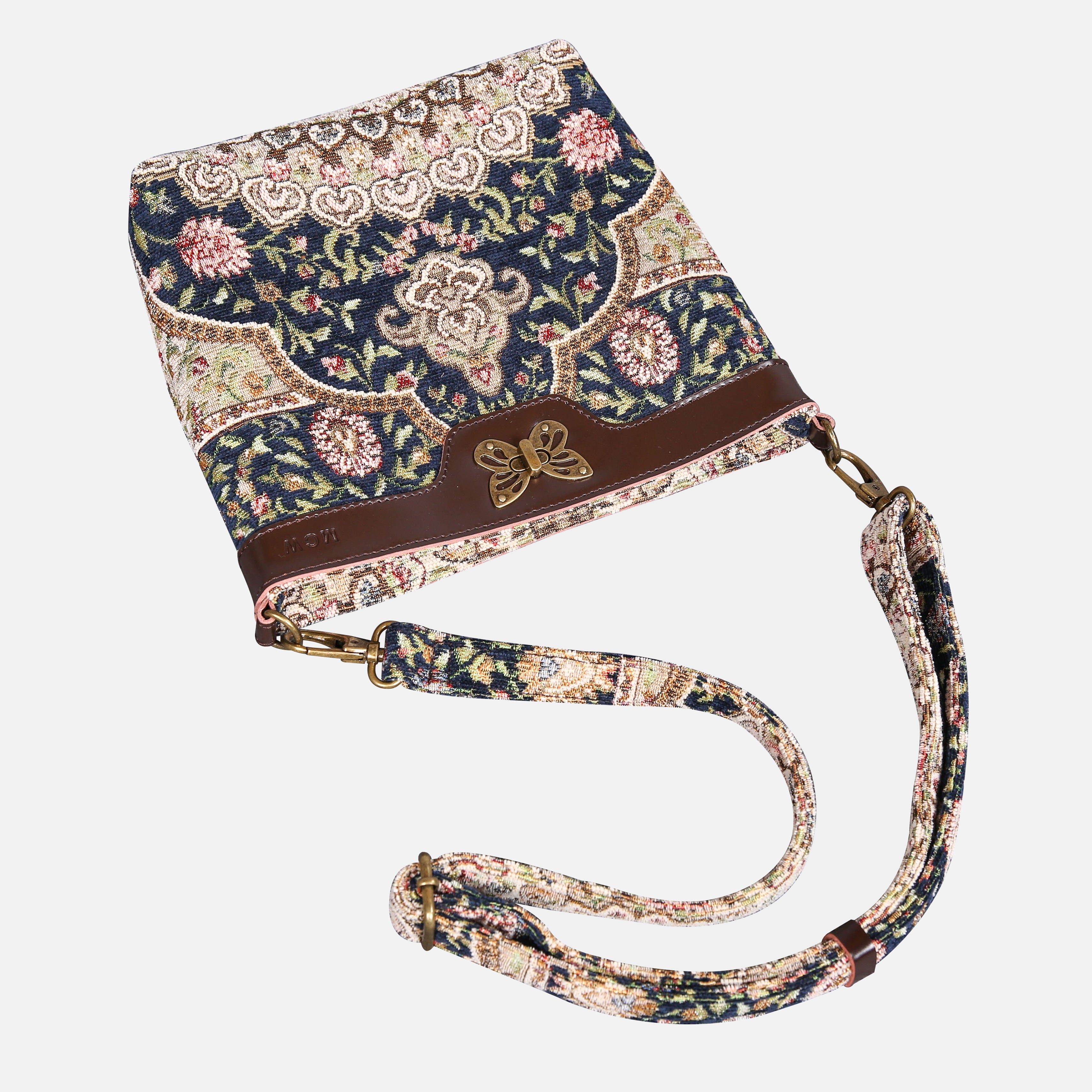 Oriental Navy Carpet Crossbody Bag carpet bag MCW Handmade of America lay flat