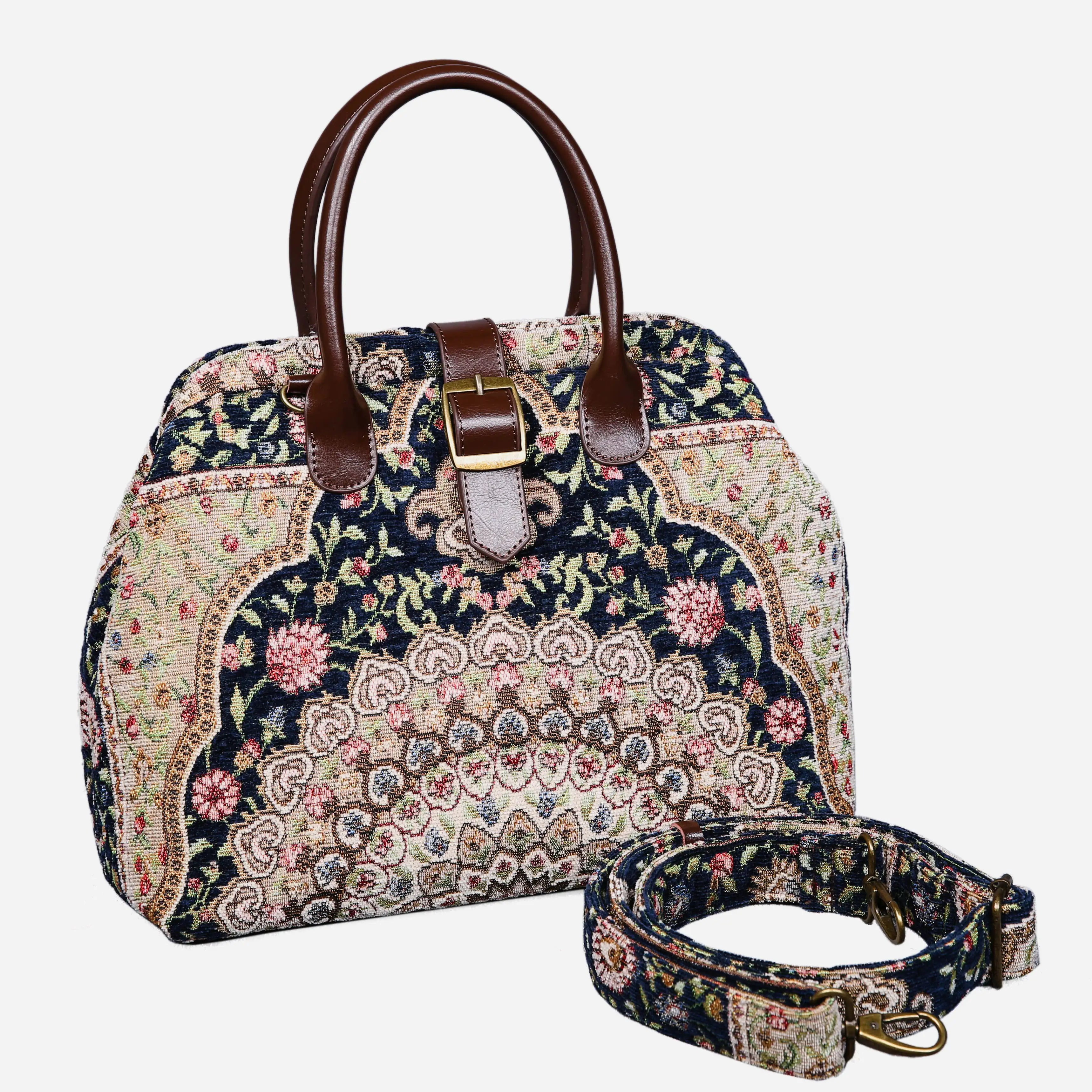 Oriental Navy Carpet Handbag Purse carpet bag MCW Handmade with shoulder strap