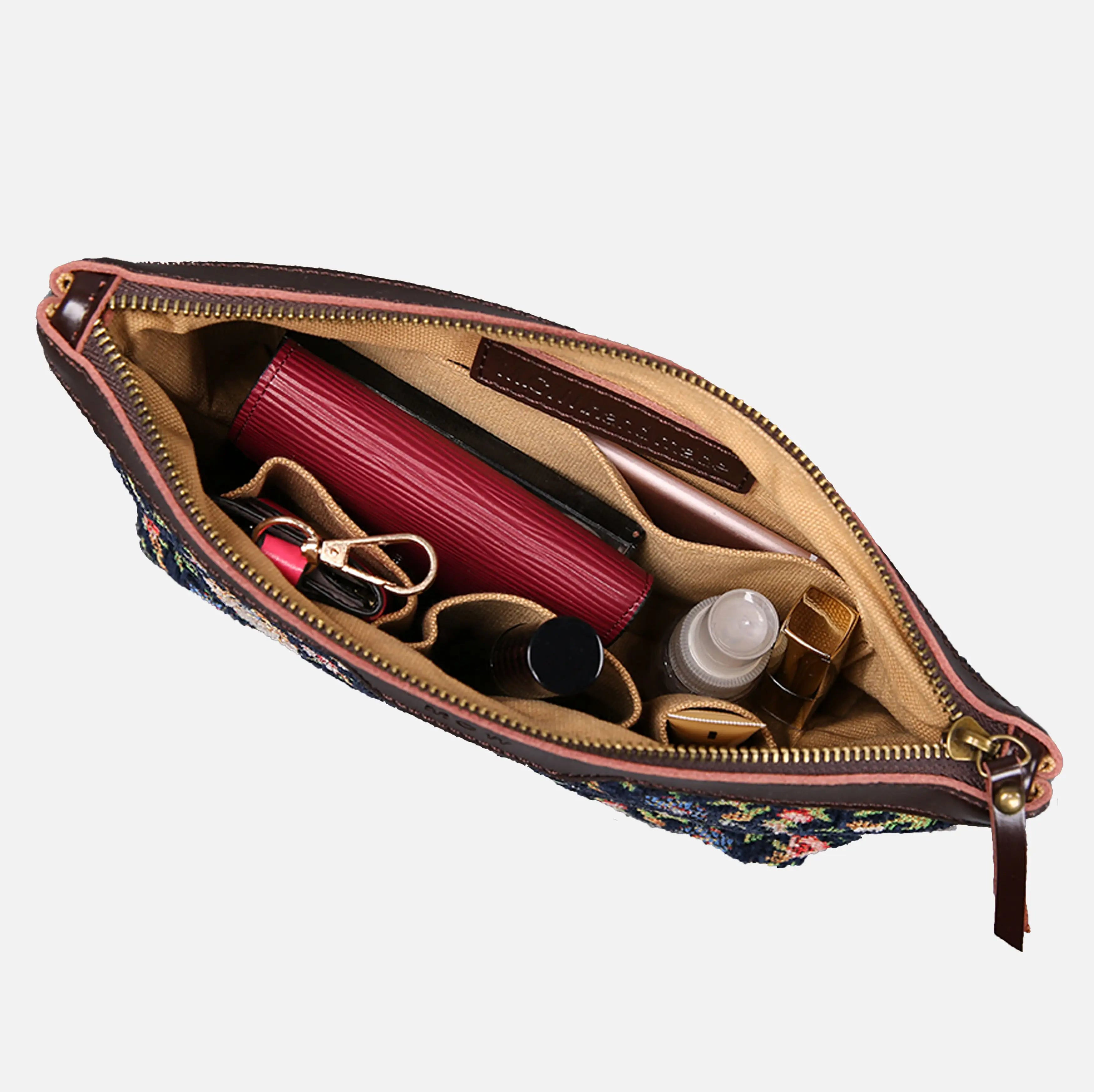 Oriental Navy Carpet Makeup Bag carpet bag MCW Handmade of America in use
