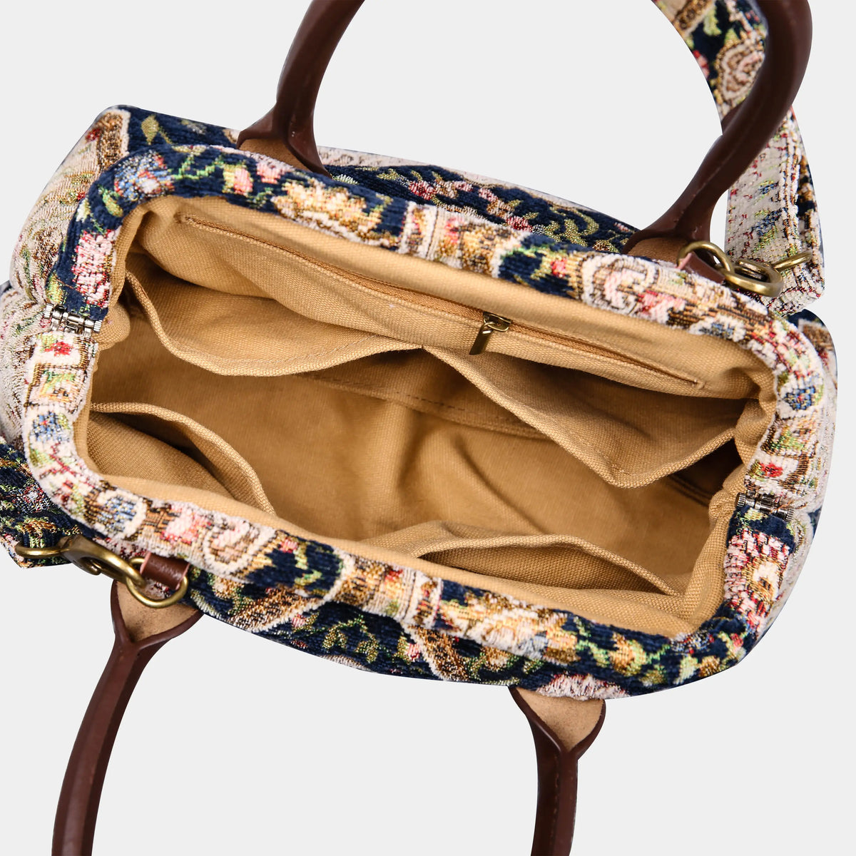 Oriental Navy Carpet Satchel carpet bag MCW Handmade of America open