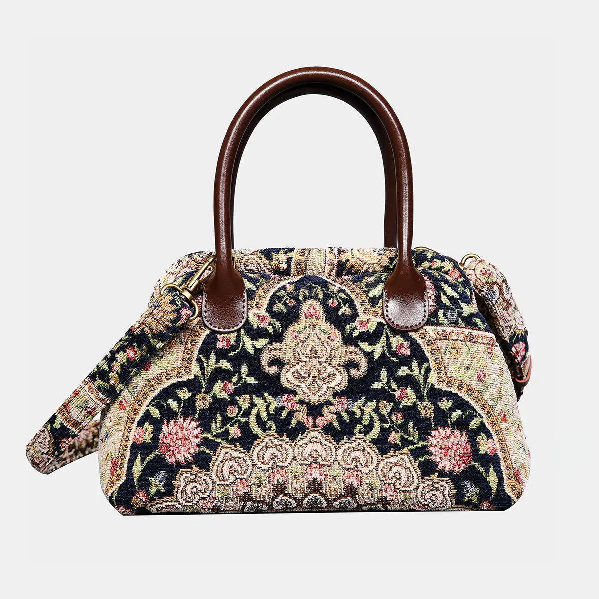 Oriental Navy handbag with brown handles on a light gray background