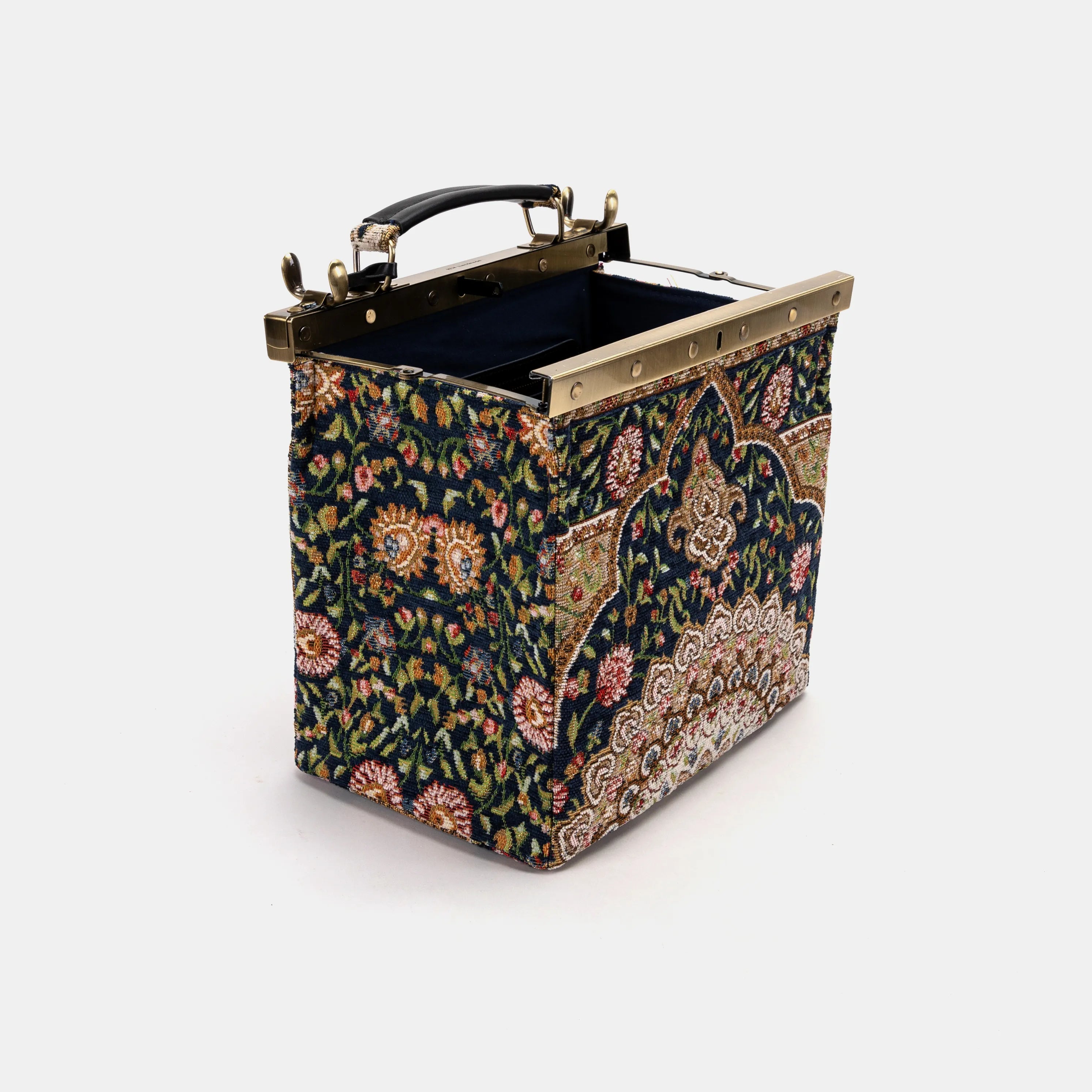 Oriental Navy Cecile Carpet Purse Gladstone Bag of America open and stand