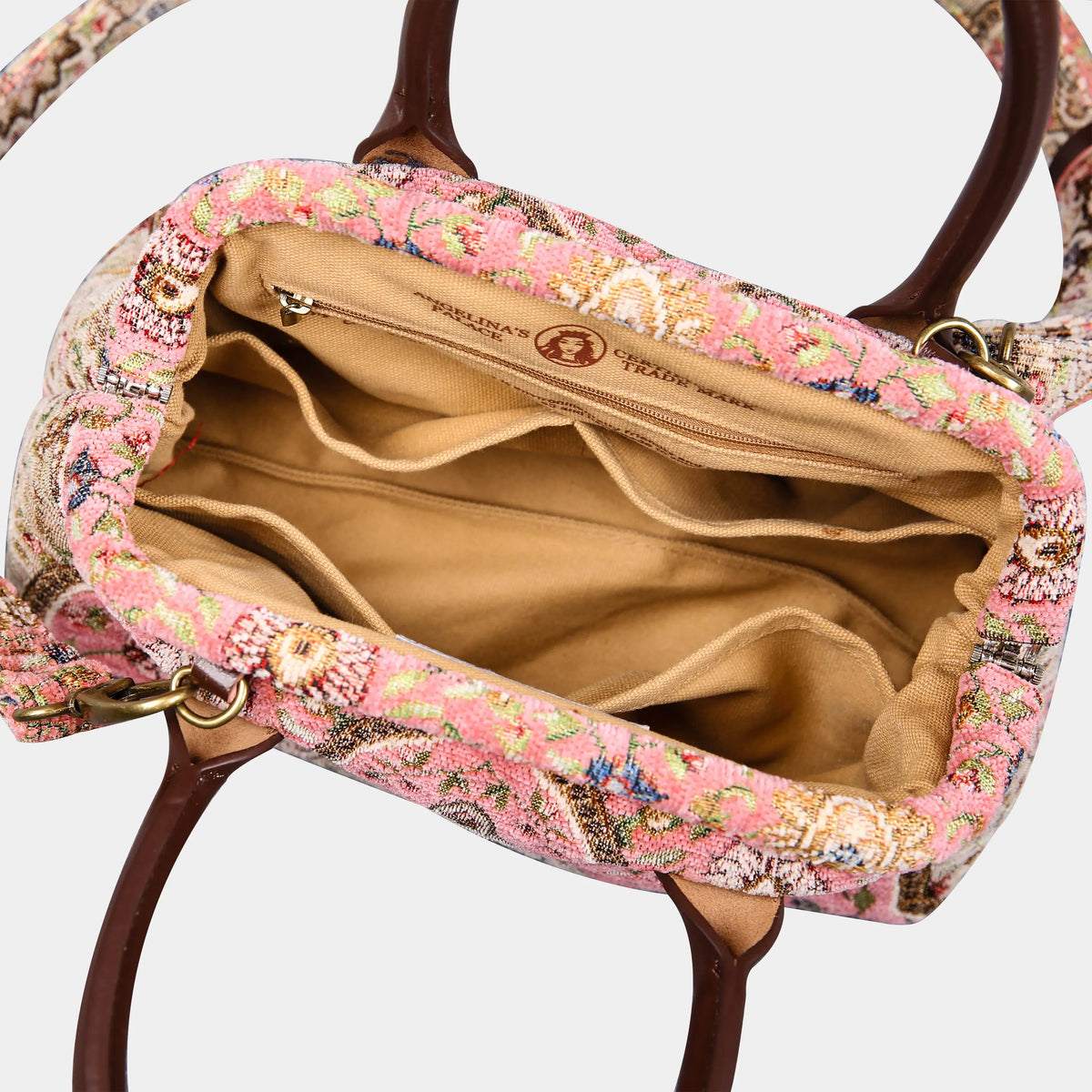 Oriental Pink Carpet Satchel Carpetbag of America open