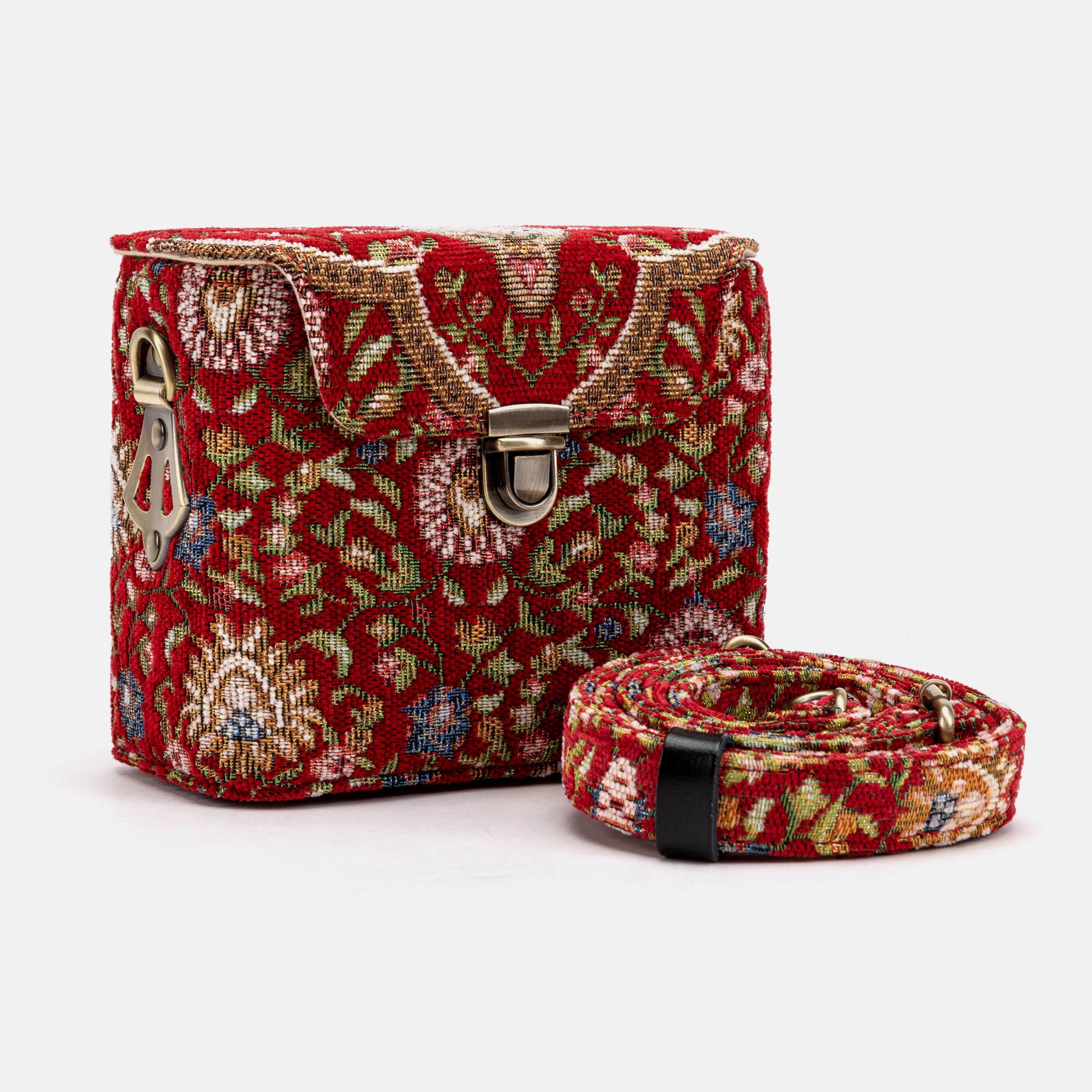 Oriental Red Emma Small Train Case Crossbody of America with shoulder strap
