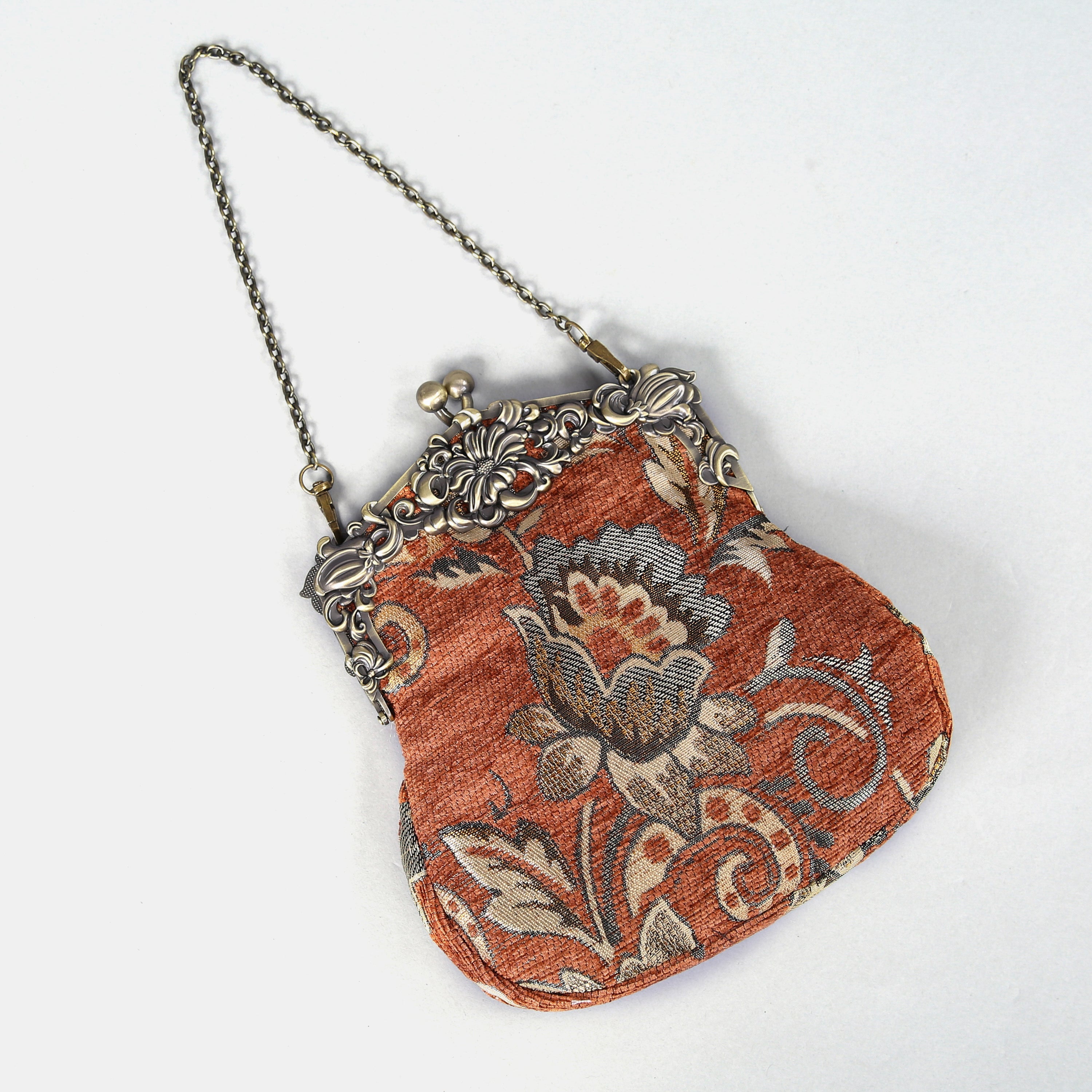 Paisley Orange Chatelaine Purse Large carpet bag of America with short chain