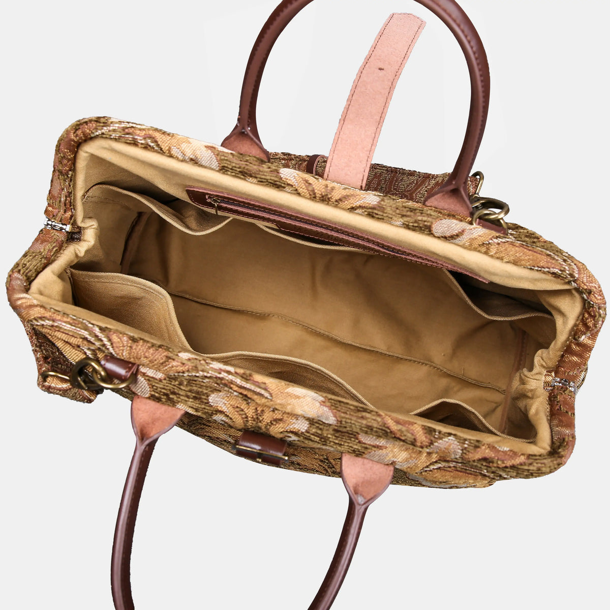 Pomegranate Brown Mary Poppins Weekender Carpetbag of America open