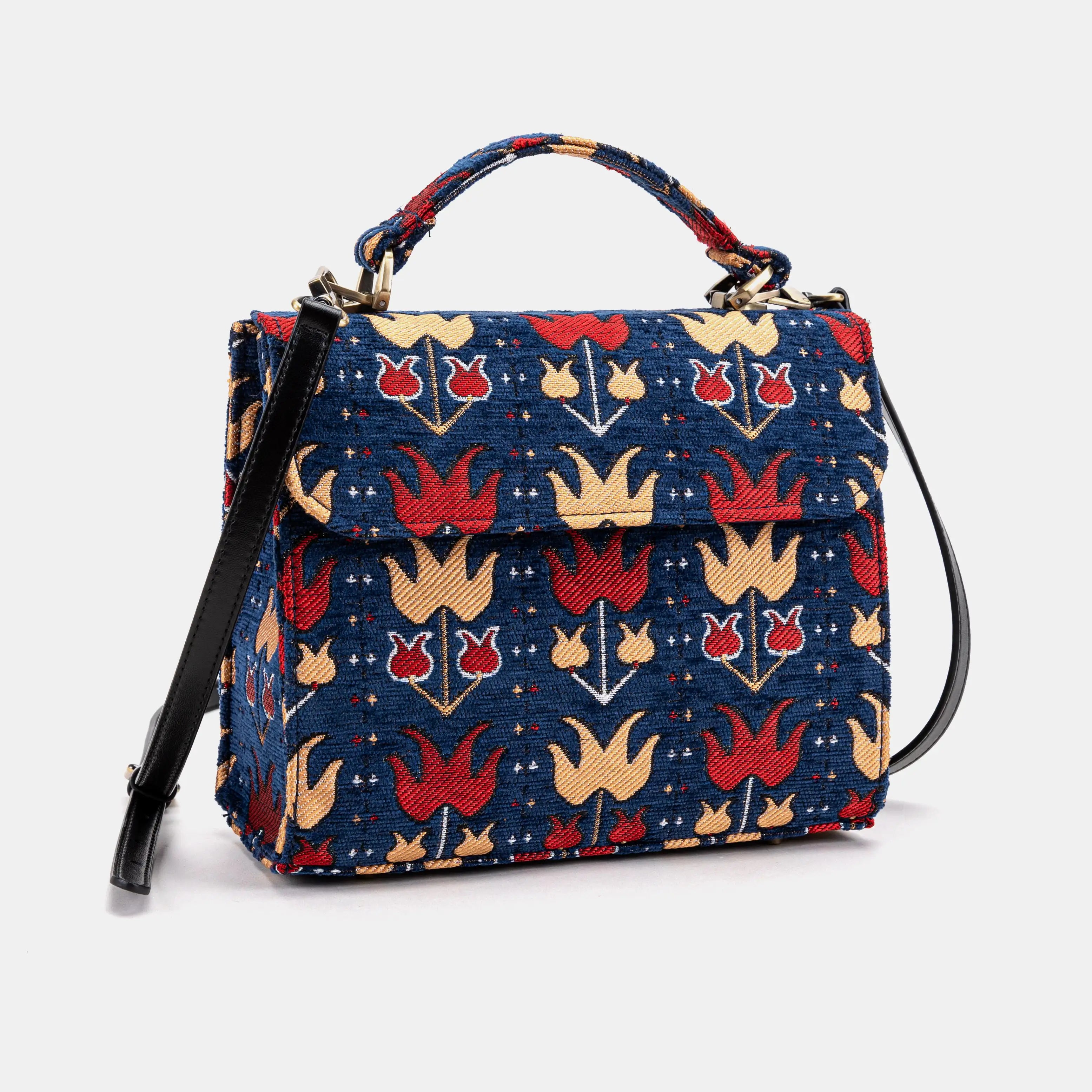 Poppy Bloom Flap Satchel Carpetbag of America with shoulder strap