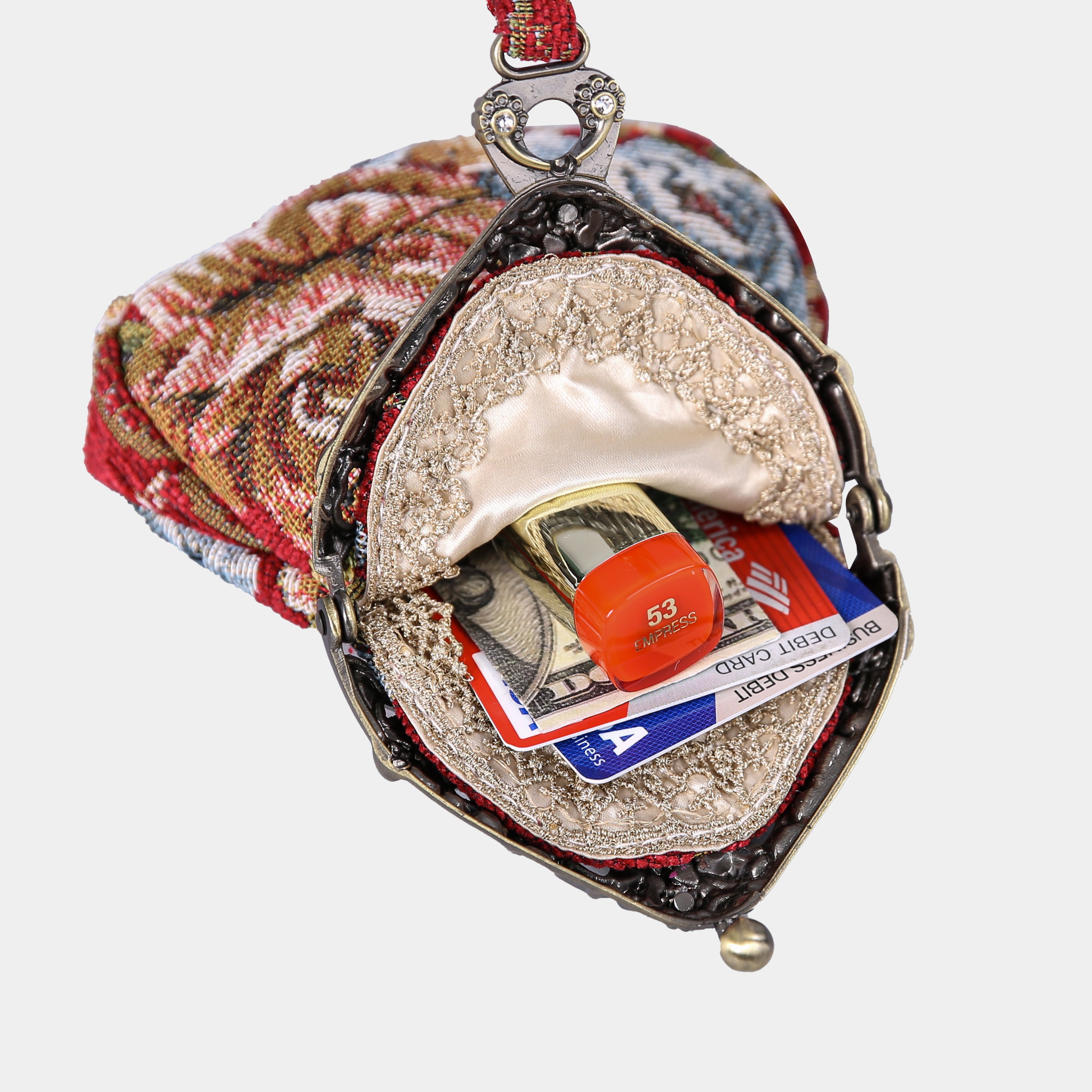 Queen Floral Red Chatelaine Purse Wristlet Bag carpet bag  of America in use
