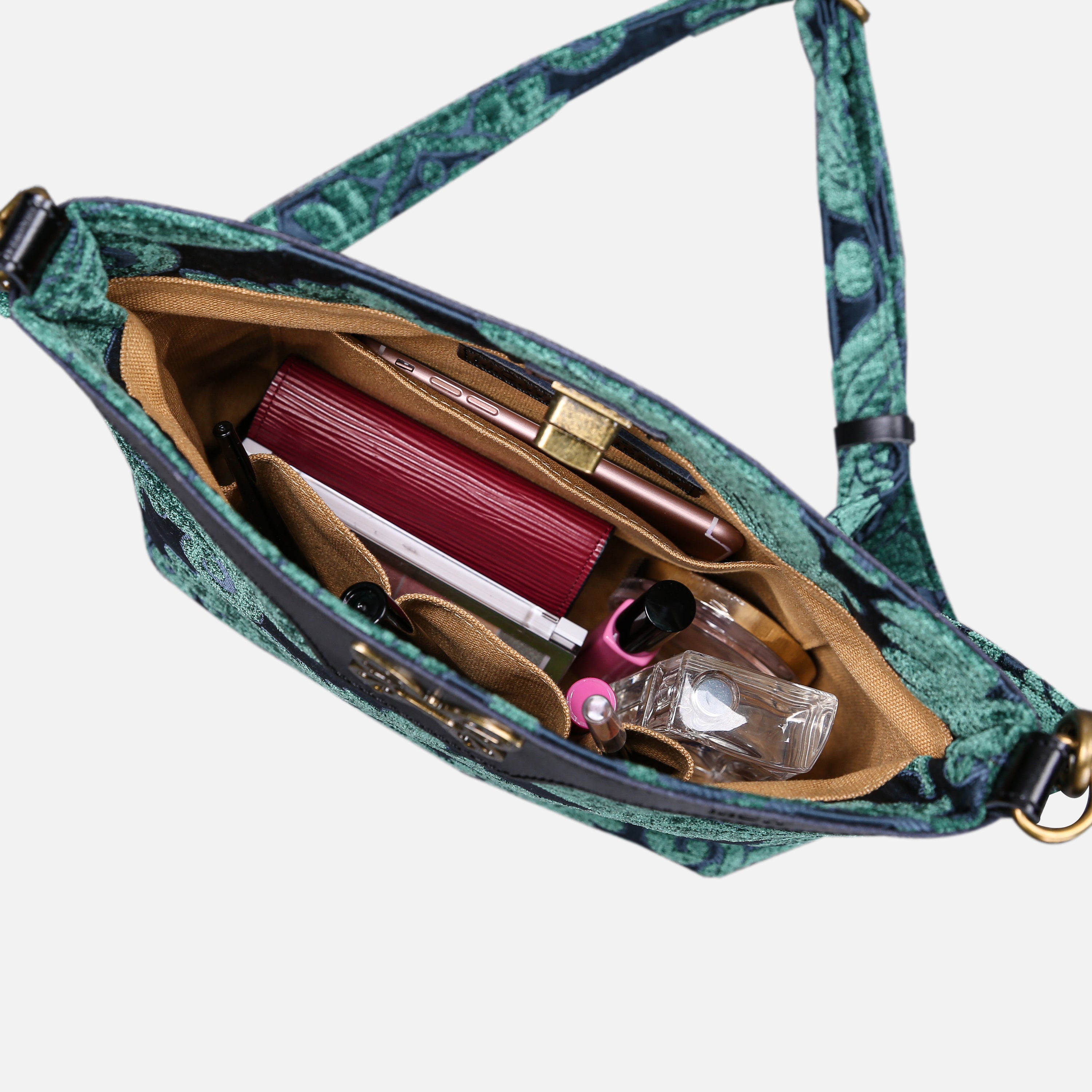 Queen Hunter Green Carpet Crossbody Bag carpet bag MCW Handmade of America in use