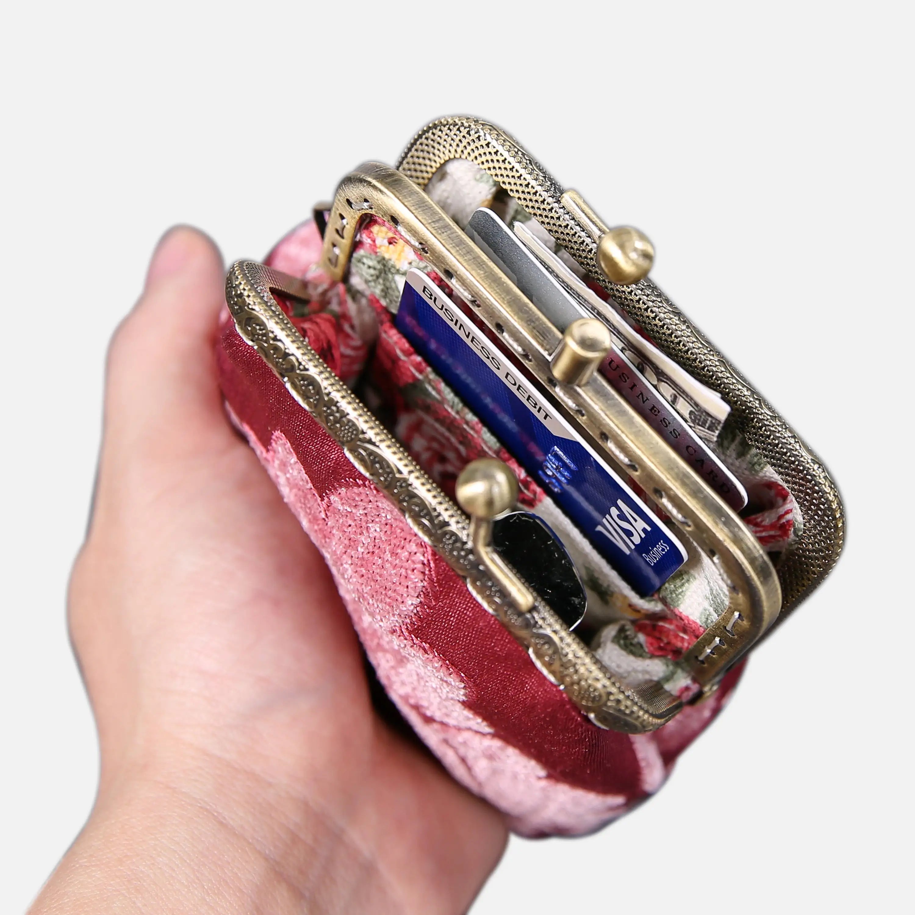 Queen Rose Pink Double Kiss Clasp Coin Purse of America in use-1