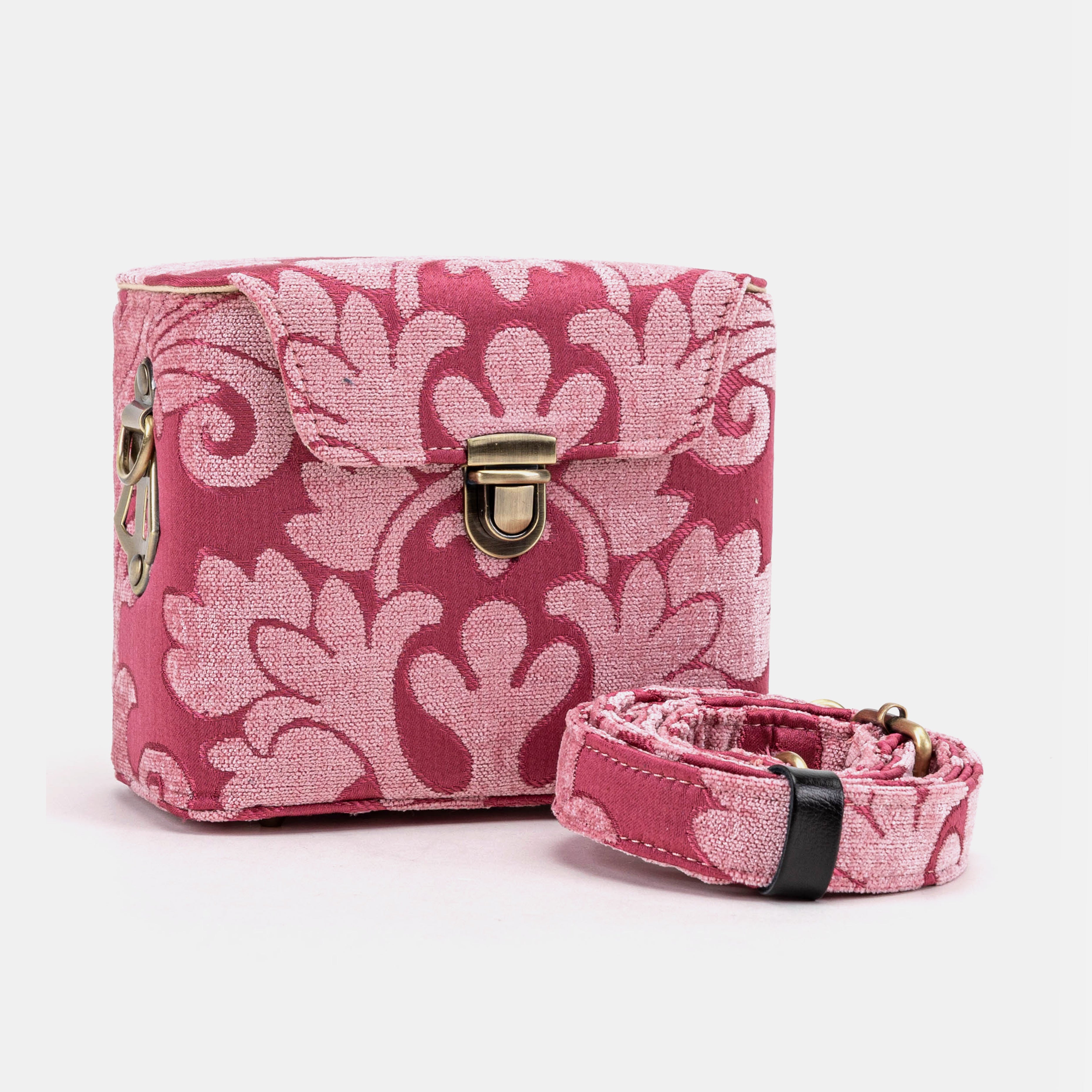 Queen Rose Pink Emma Small Train Case Crossbody of America with shoulder strap