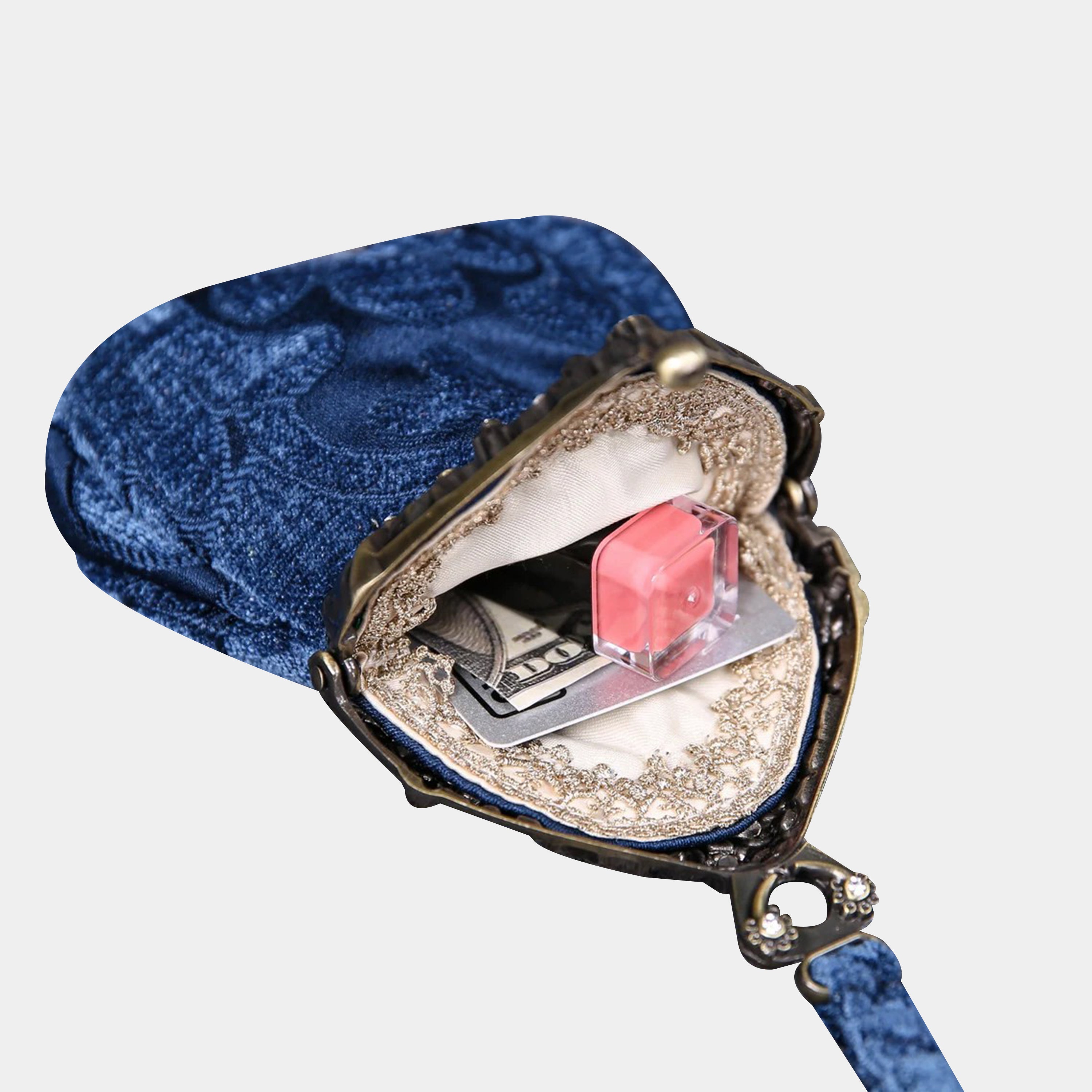 Queen Royal Blue Chatelaine Purse Wristlet Bag carpet bag of America in use