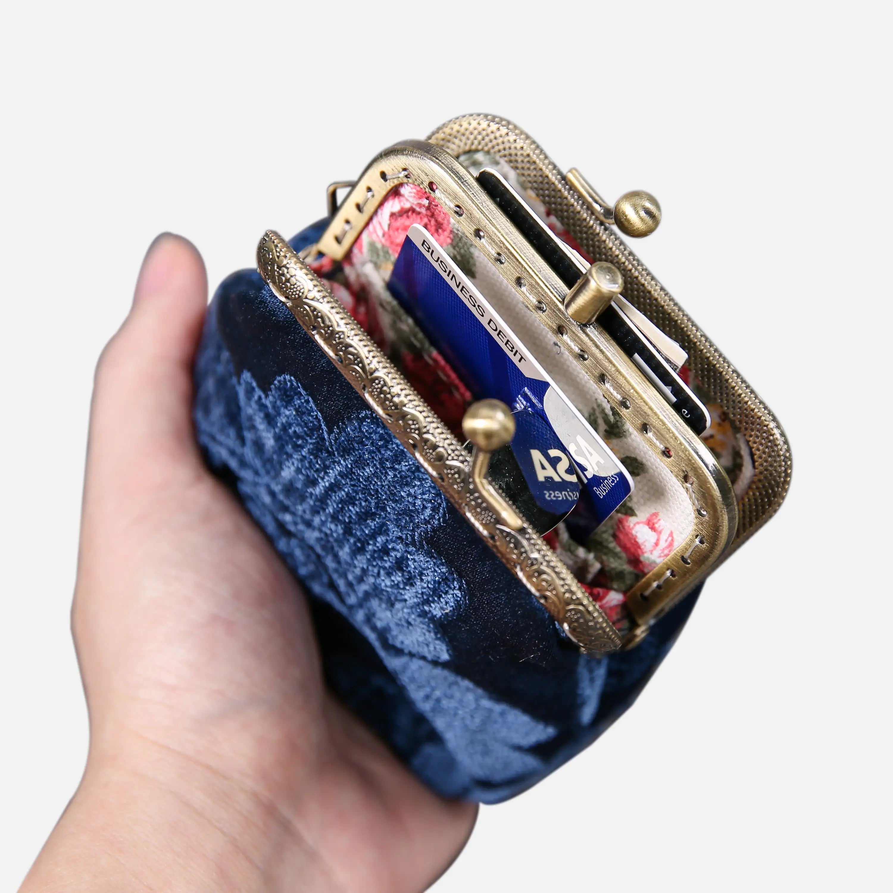Queen Royal Blue Double Kiss Clasp Coin Purse of America in use-1