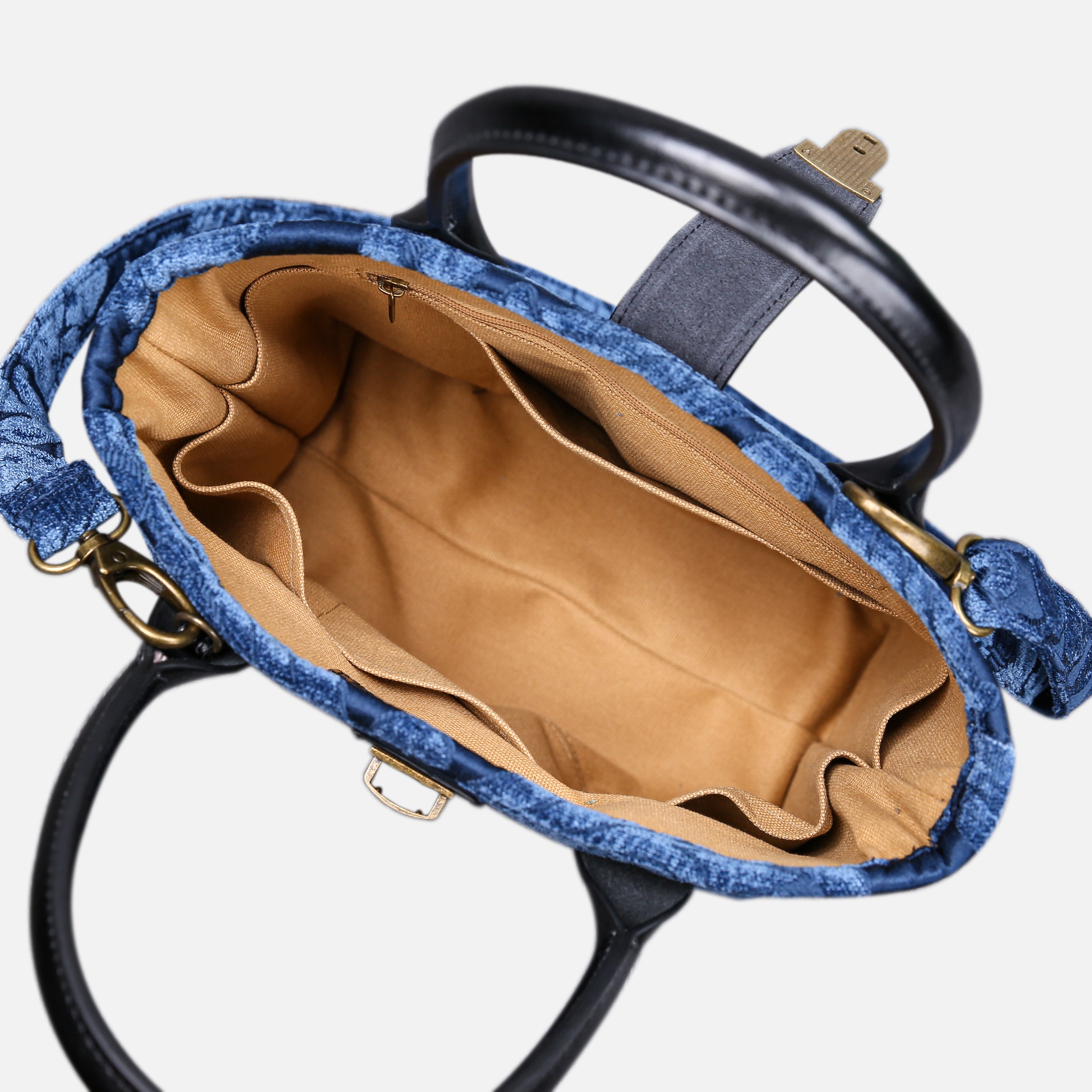 Queen Royal Blue Tuck Lock Carpet Satchel carpet bag MCW Handmade of America inside