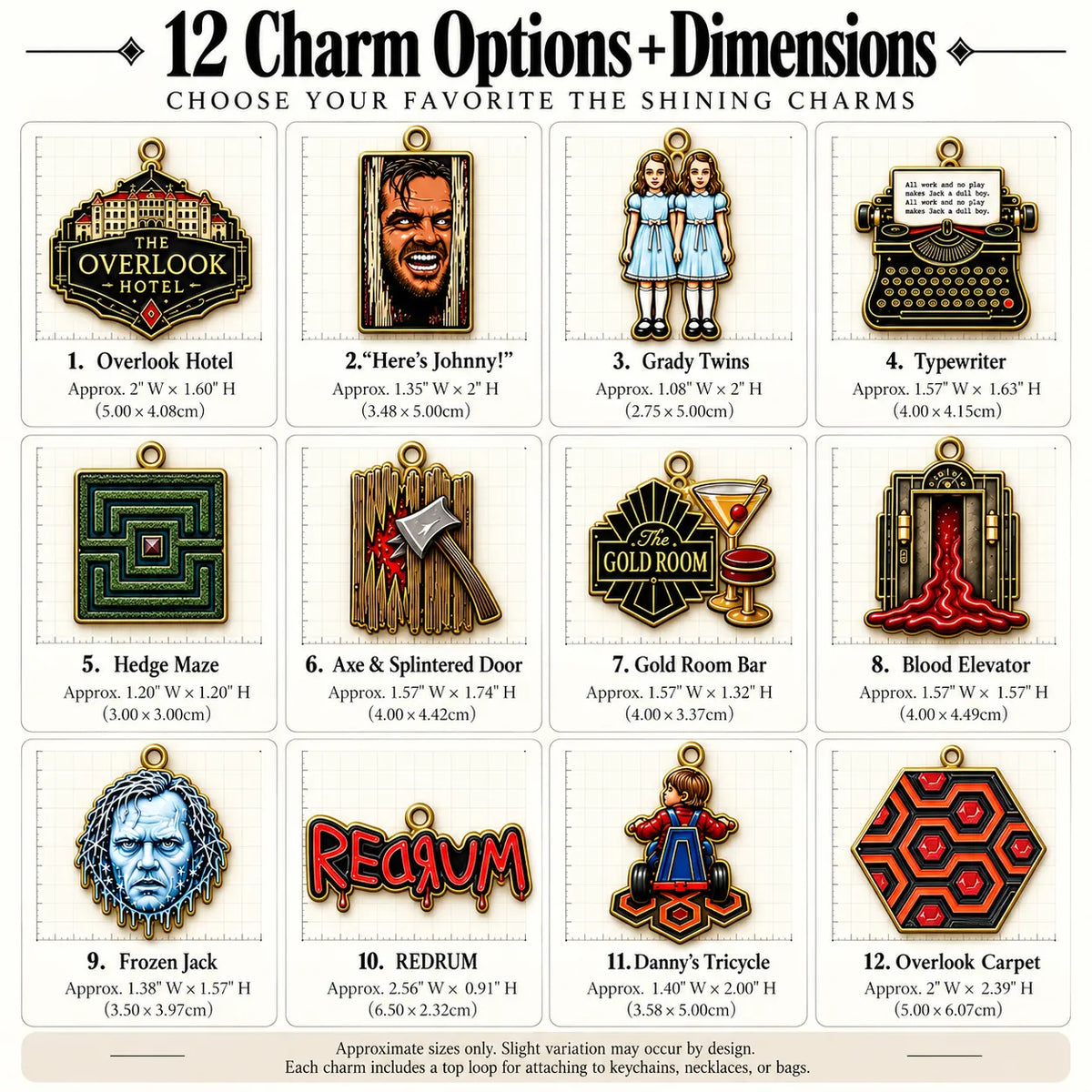 Custom ''The Shining'' Inspired Bag Charm Chain | Choose Charms size chart